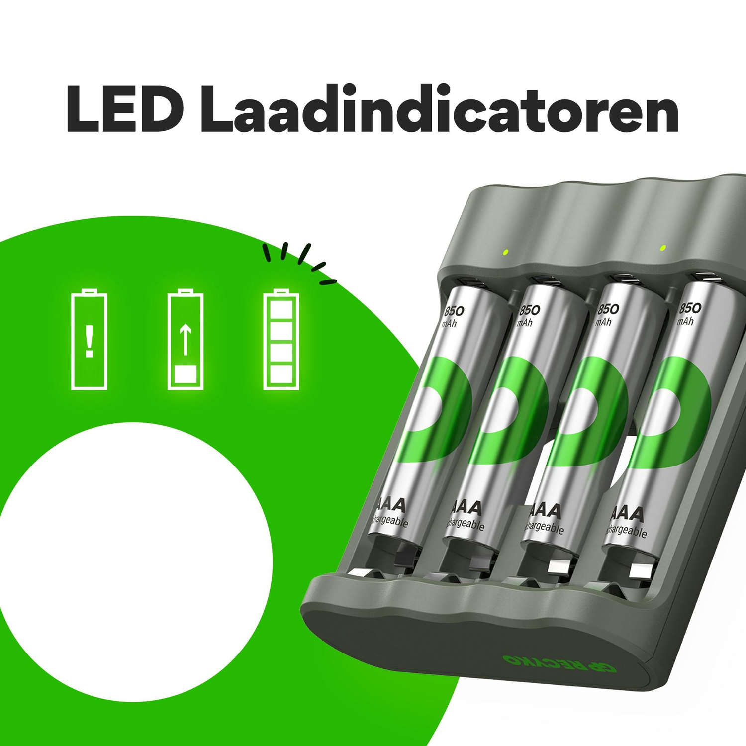 A battery charger with four AA batteries and LED indicators.