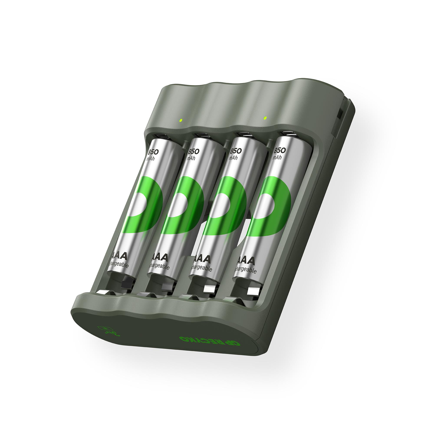 A charger with 4 rechargeable AA batteries. The batteries are green and silver.