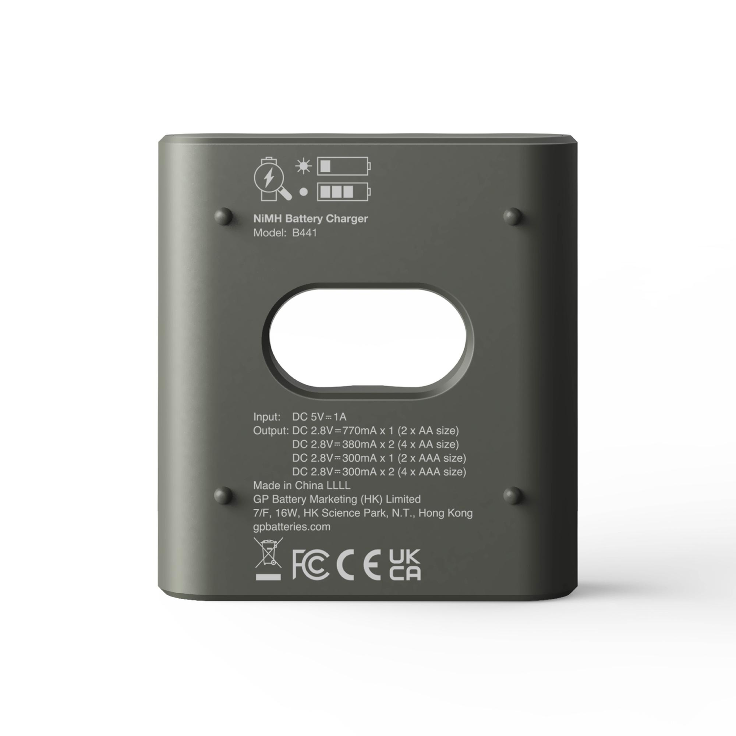 A gray NIMH battery charger with a central oval opening, and various markings and ports.