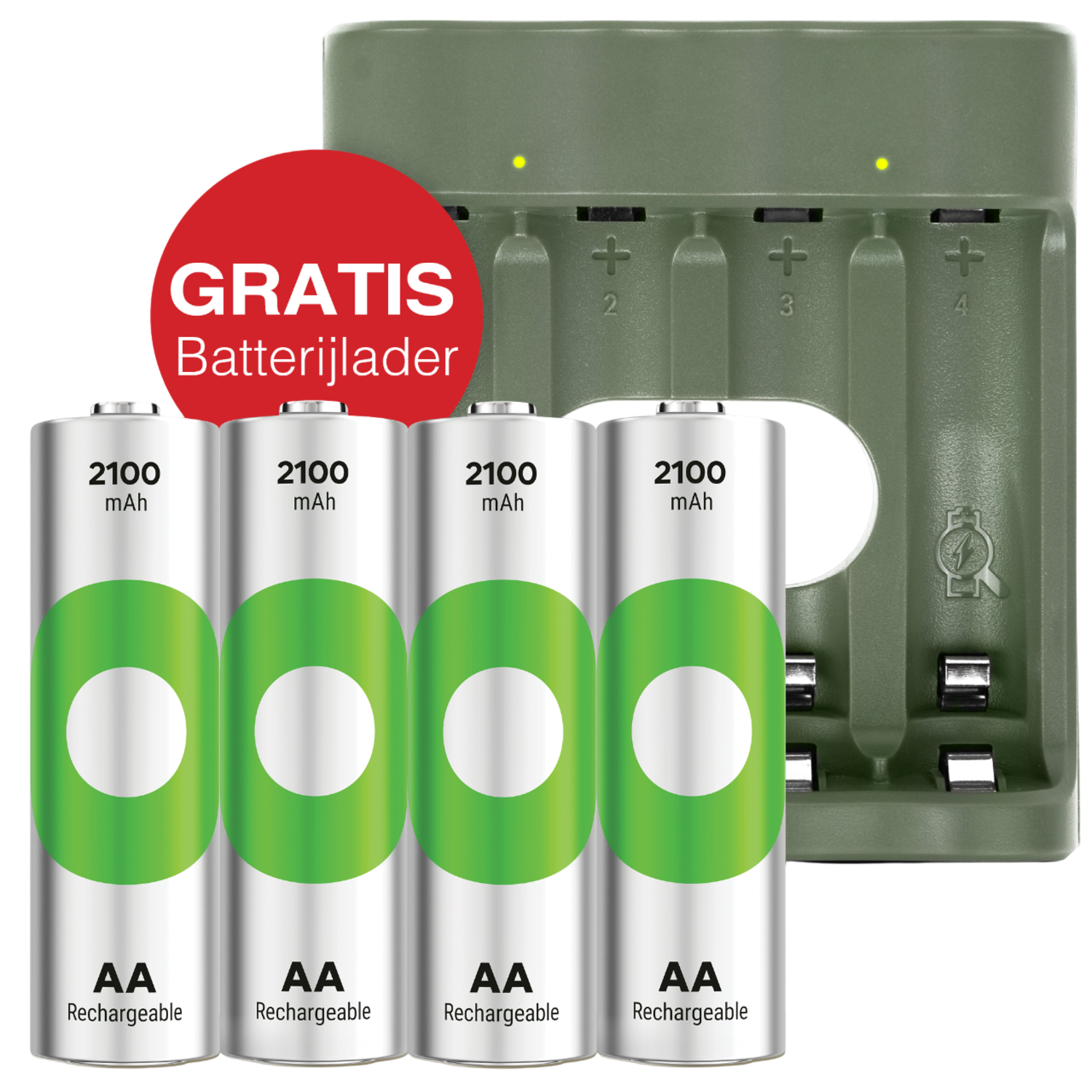 Oplaadbare batterijen AA | 4 RECYKO, 2100 mAh | + gratis batterijlader | batterij oplader laadt AA en AAA I GP