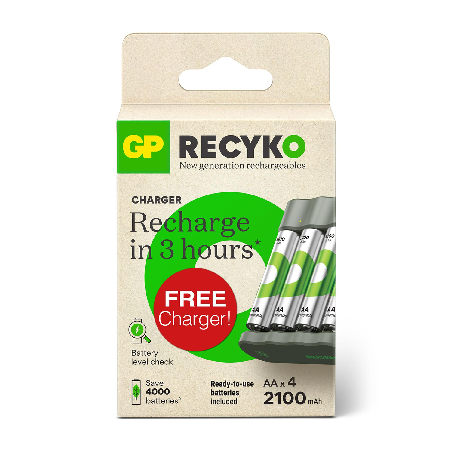 A box of rechargeable AA batteries with charger and text, 'Recharge in 3 hours'.