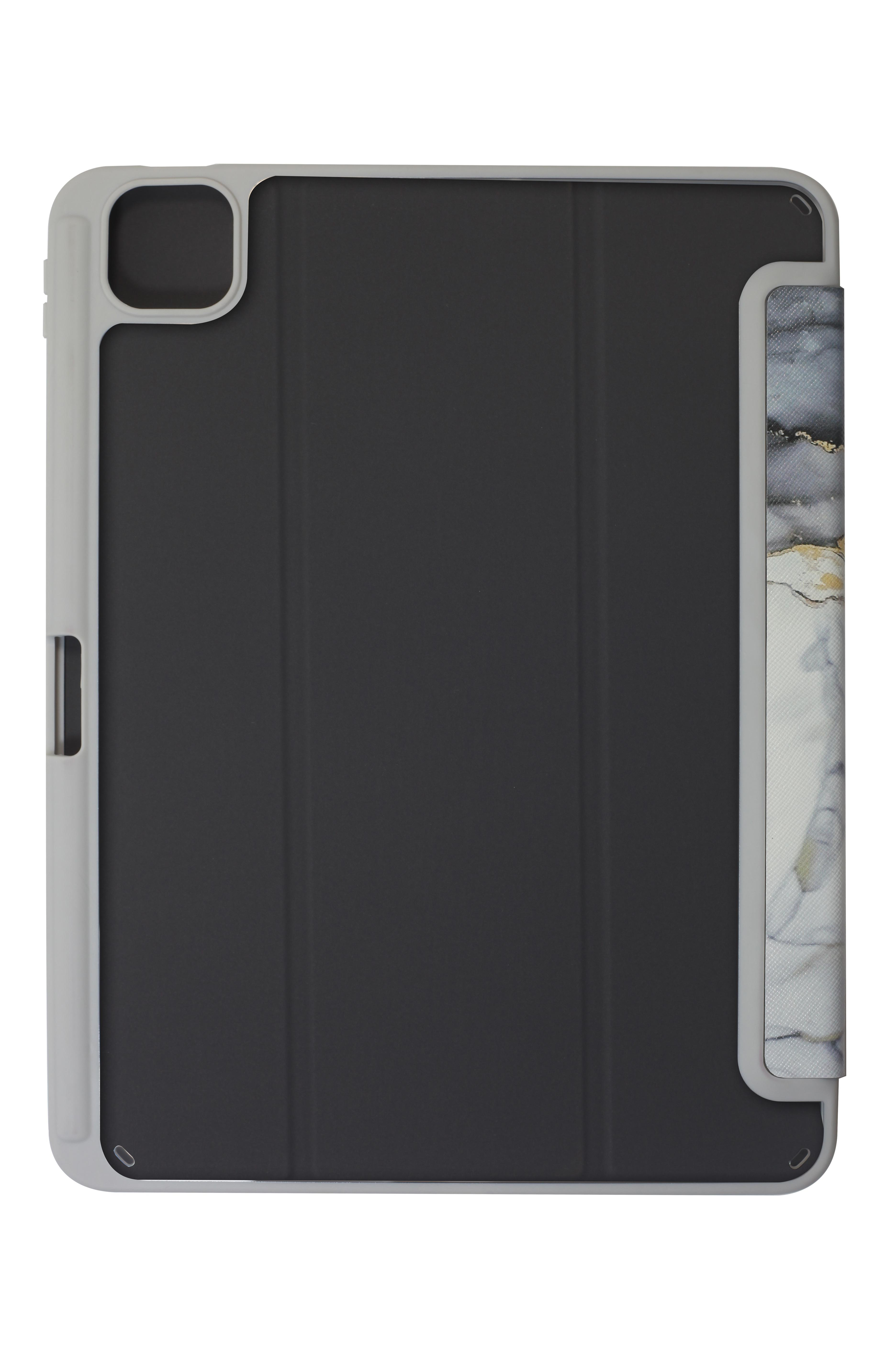 Graues iPad-Case, geöffnet mit schwarzem iPad. Weißer Hintergrund. Marmormuster.