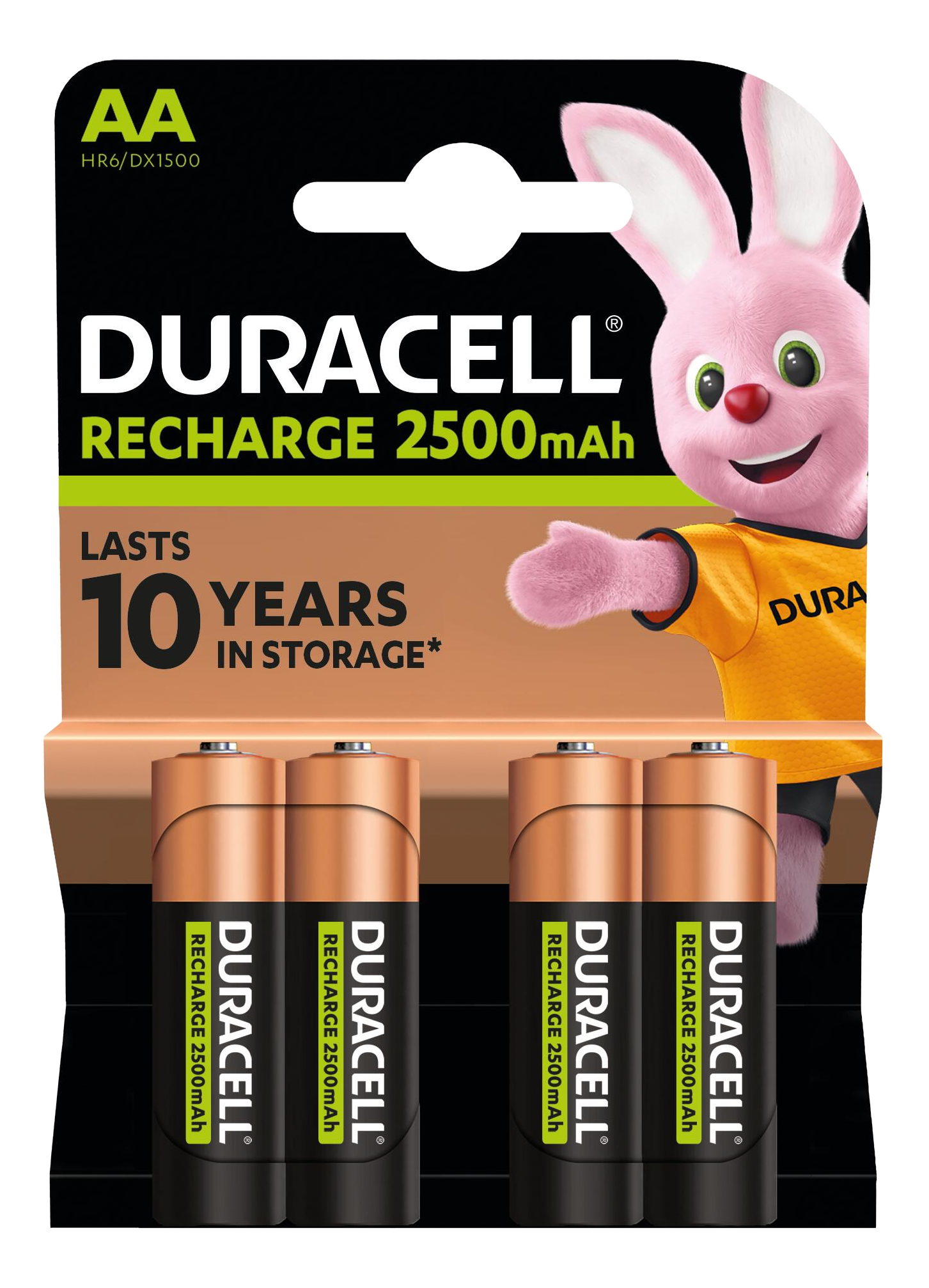 Pack de piles AA rechargeables Duracell. Graphique lapin rose et texte sur le stockage.