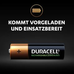 Pile Duracell, or et noir, texte blanc. Montre l'extrémité positive de la pile.