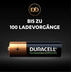 Pile rechargeable Duracell avec texte. Couleurs noir et cuivre. Fond noir.