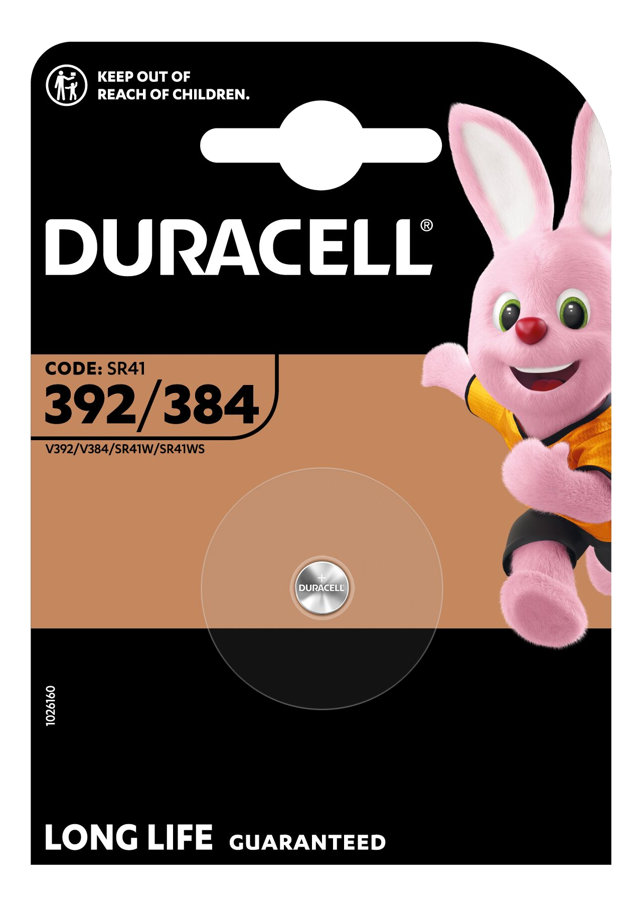 Confezione di batterie con il coniglietto Duracell, batteria marrone al centro su sfondo nero.