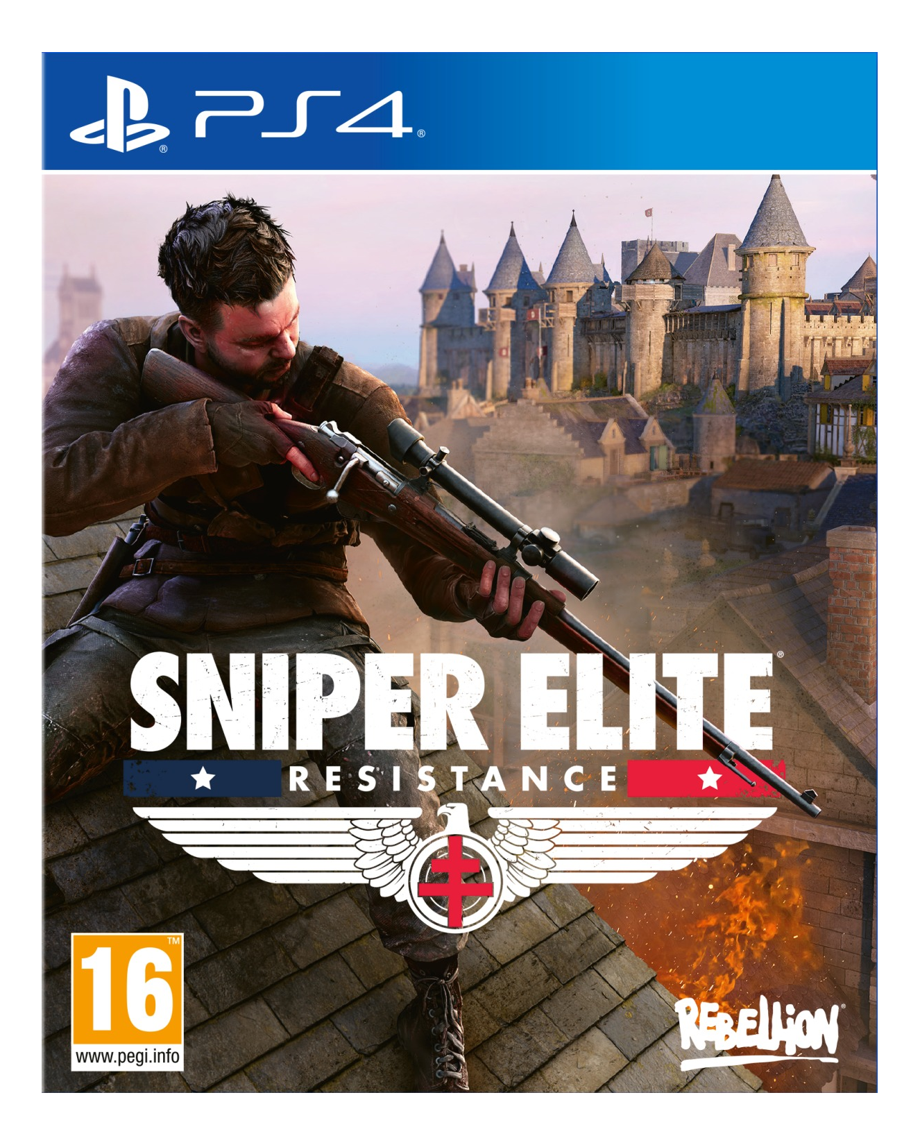 Sniper Elite Resistance PS4-Spielcover mit Schütze, der ein Gewehr anvisiert.