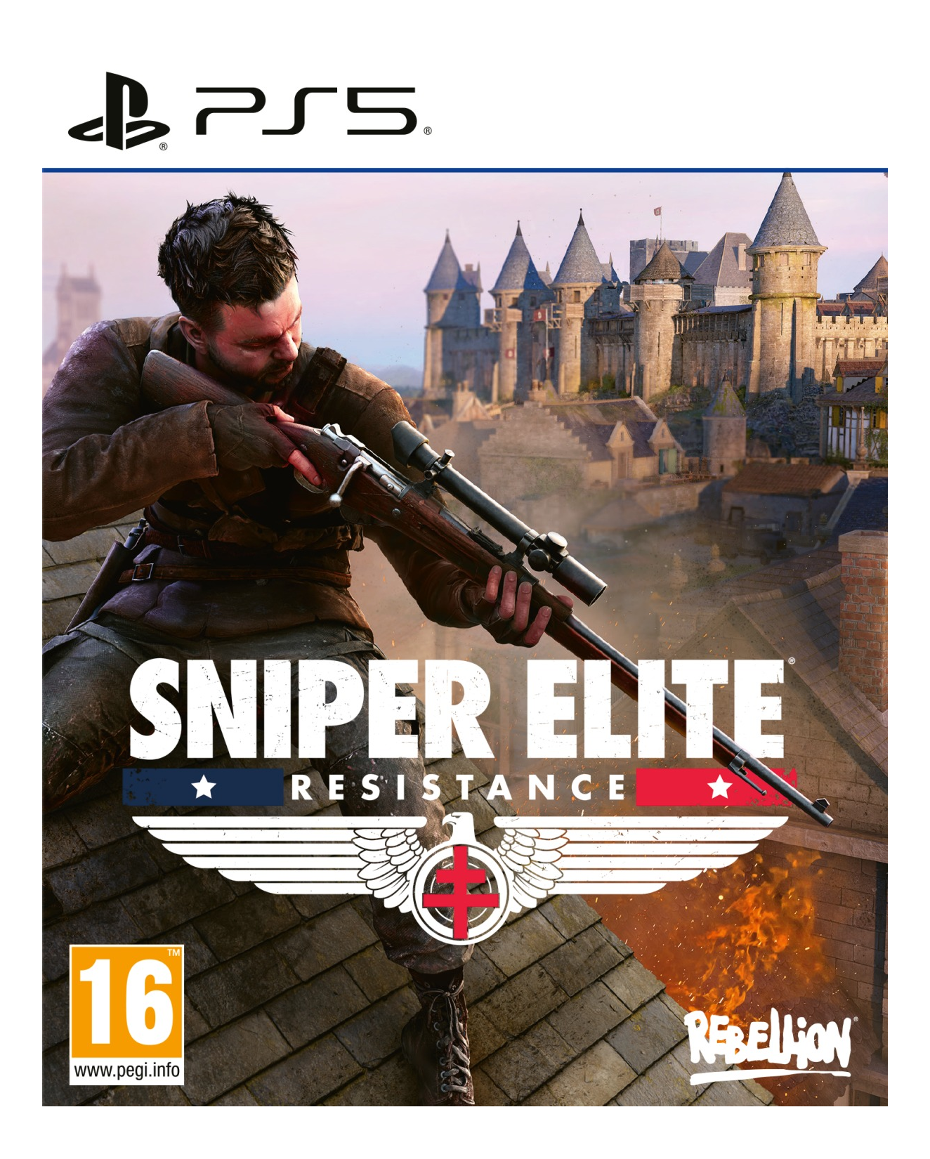 Sniper Elite Spielcover: Mann zielt mit Gewehr, Burg im Hintergrund.