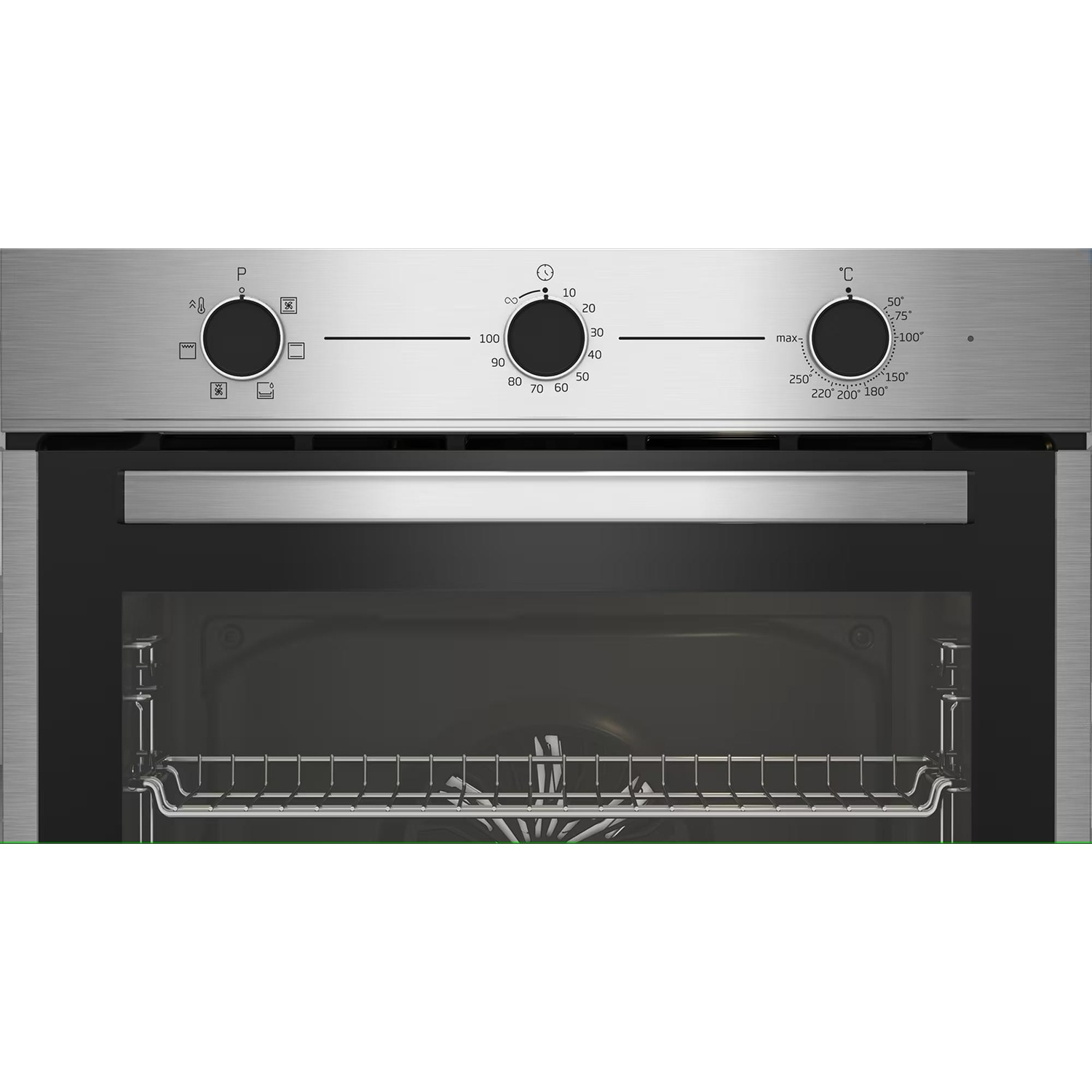 Primo piano del pannello di controllo del forno con manopole e indicatori di temperatura.