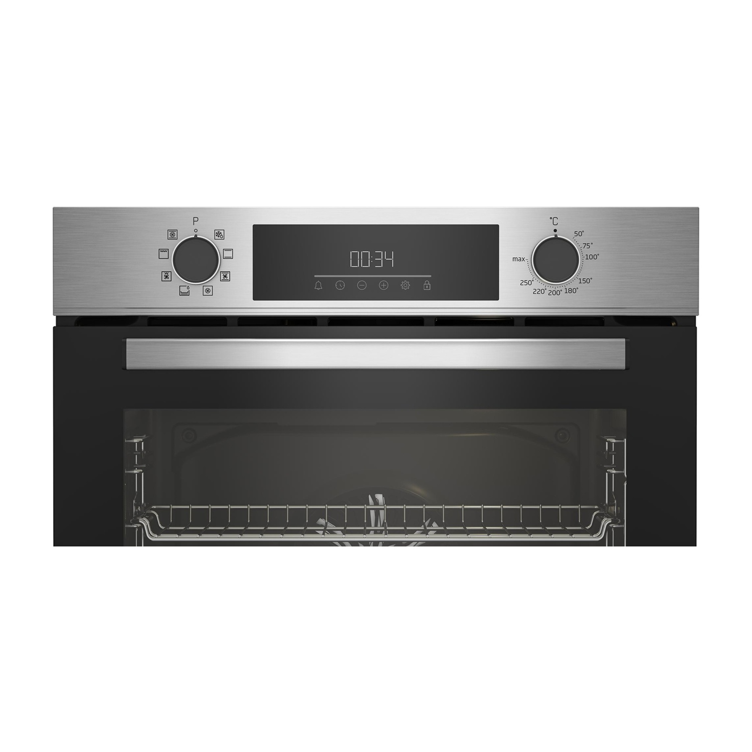 Primo piano del pannello di controllo di un forno in acciaio inox con display digitale e manopole.