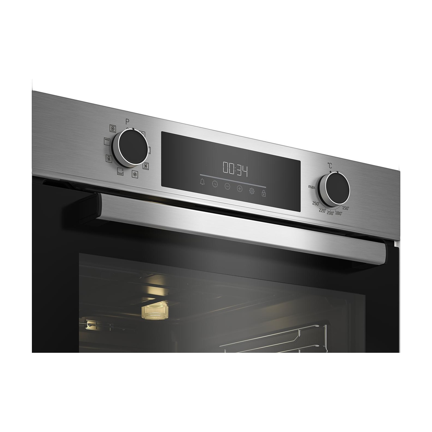 Primo piano del pannello di controllo del forno, con manopole, display e maniglia.