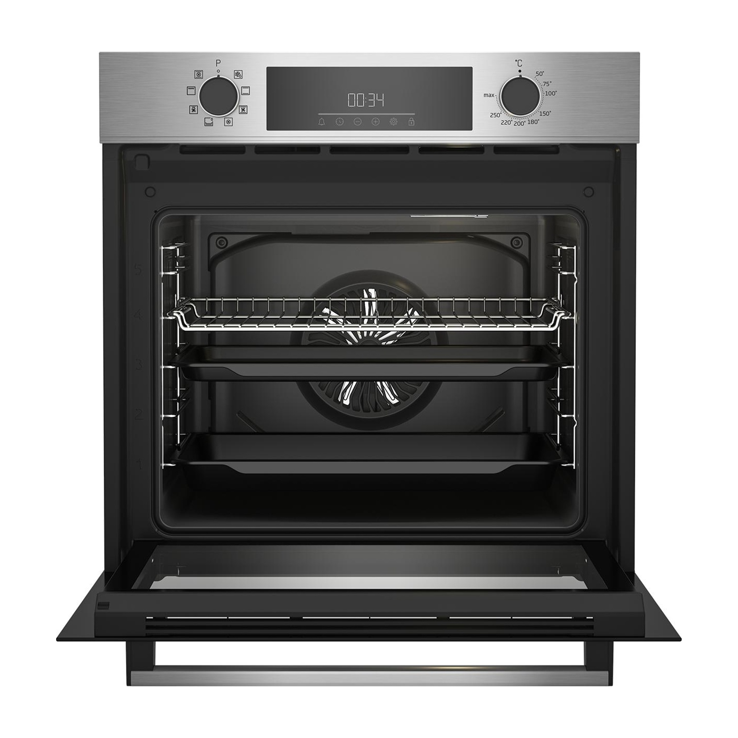 Un forno aperto, che mostra le griglie e le caratteristiche interne.
