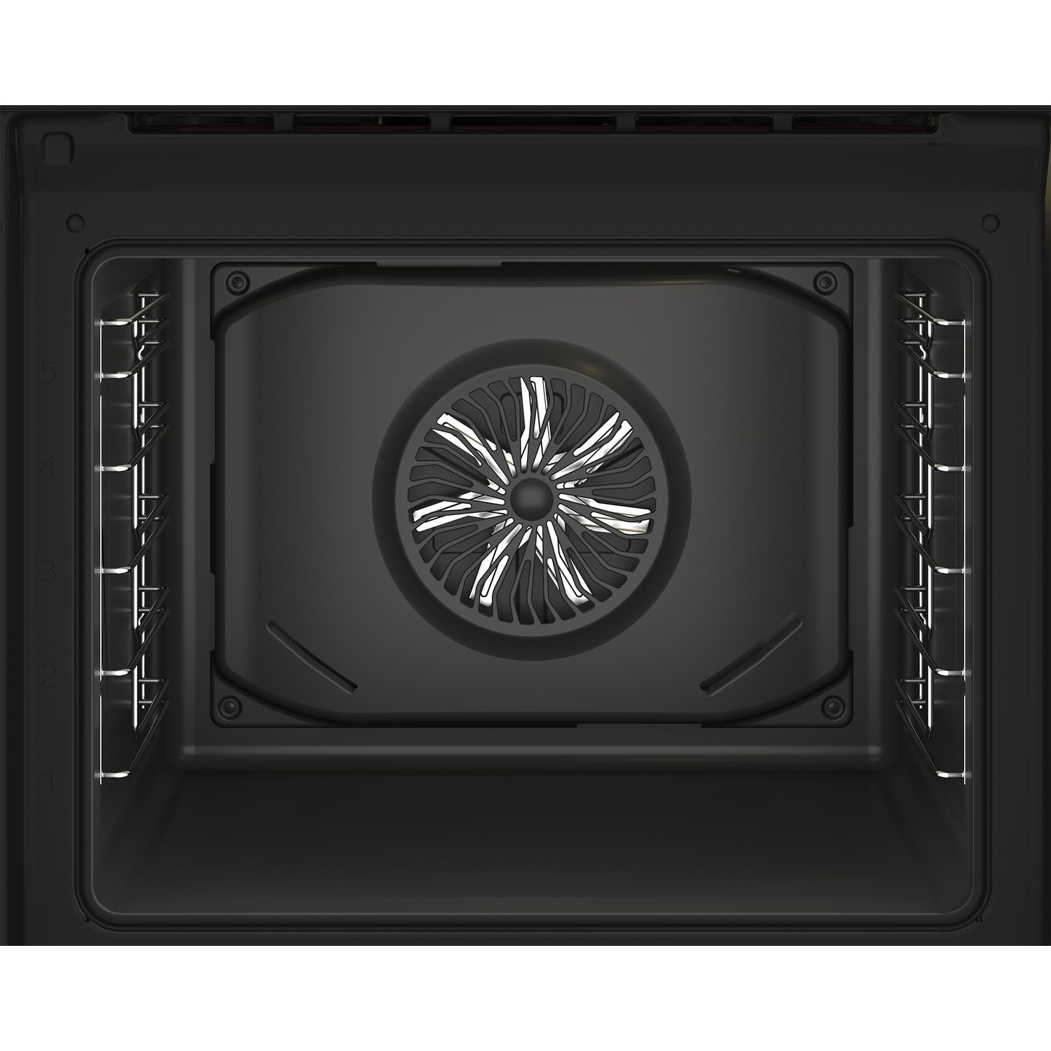 Un interno del forno vuoto con una ventola al centro, griglie metalliche ai lati.