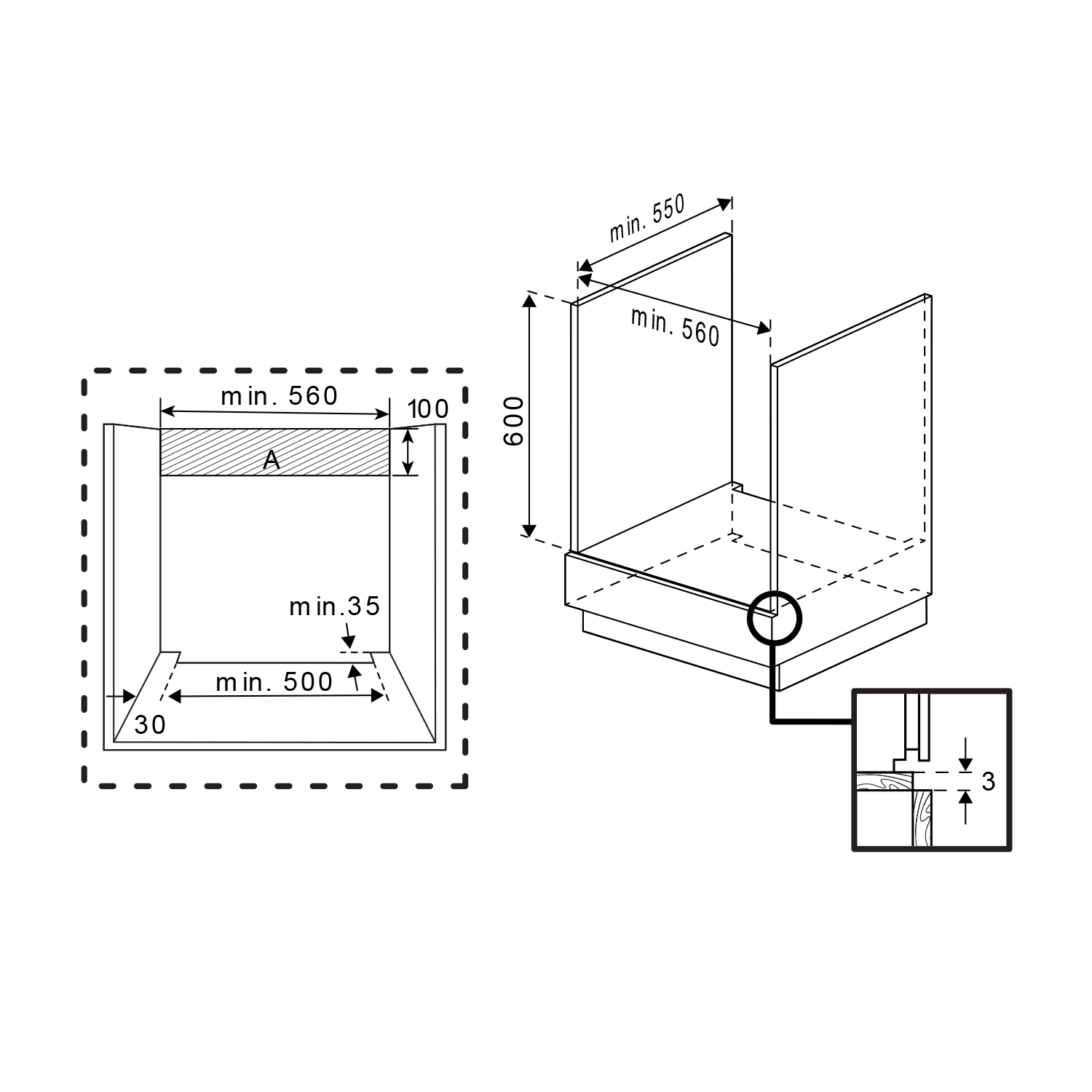 Disegno tecnico con dimensioni per un mobile da cucina, inclusi dettagli di taglio e misure.