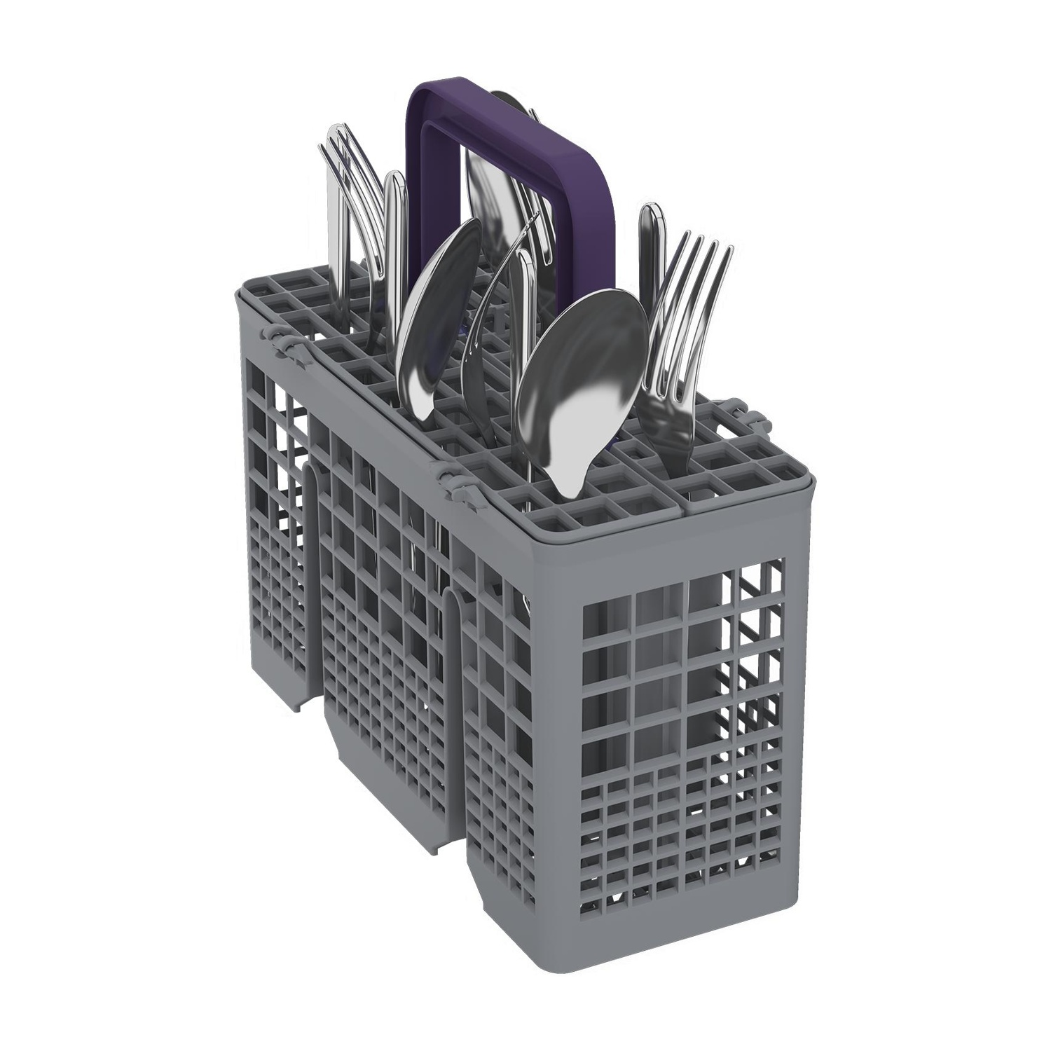Cestello grigio per lavastoviglie con posate. Posate argentate e manico viola. Sfondo bianco.