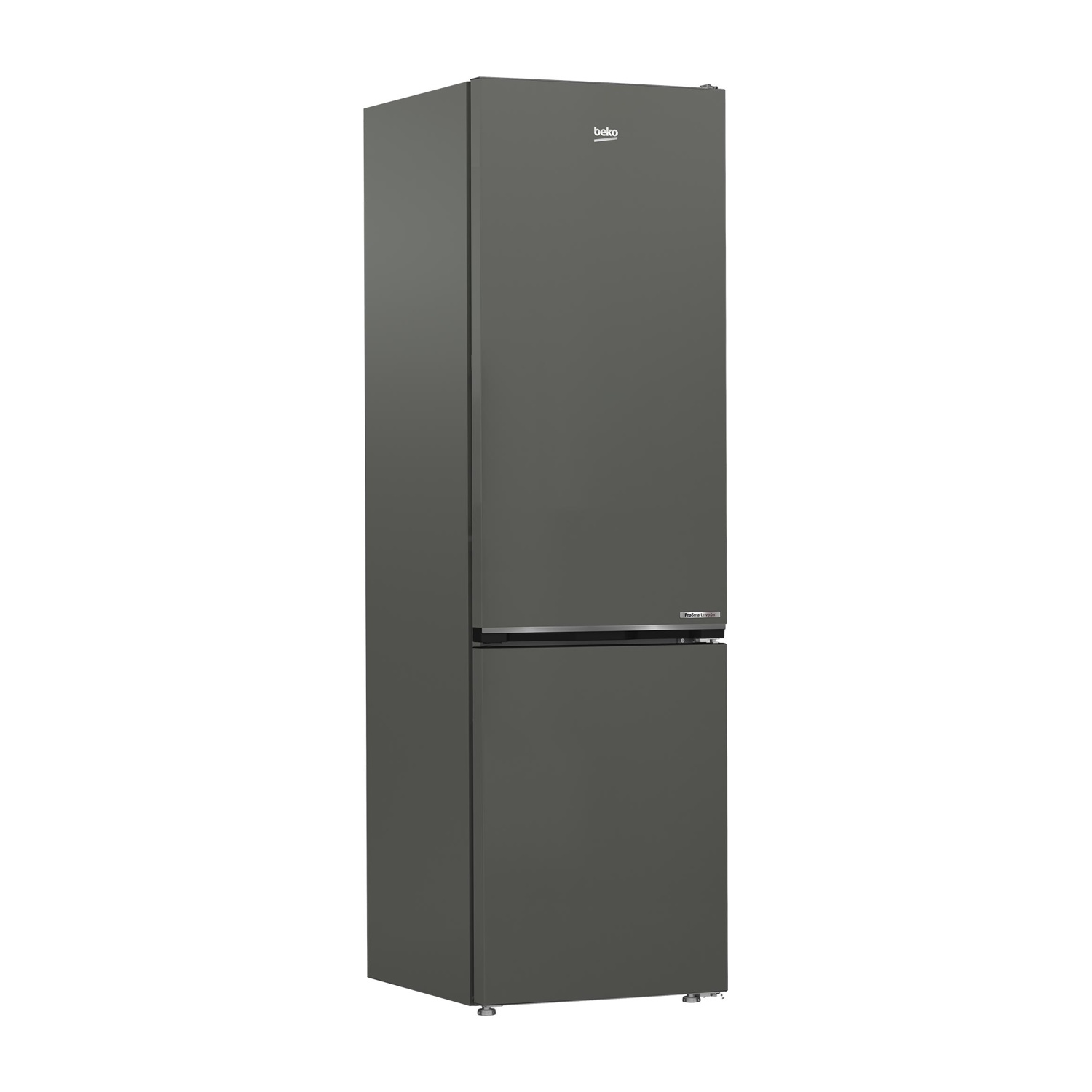 Frigorifero grigio scuro. Marchio Beko visibile in alto. Design pulito.