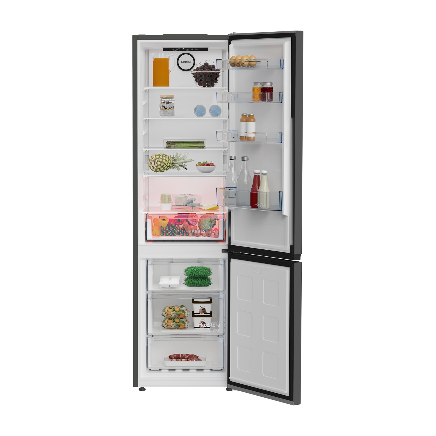 Un frigorifero con la porta aperta. Contiene vari alimenti sugli scaffali.