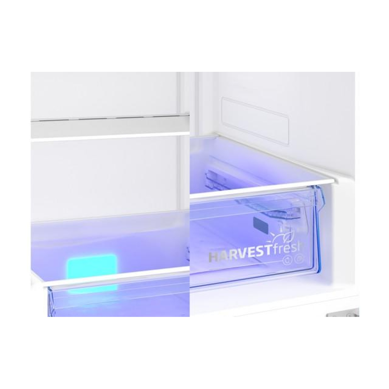 Un interno del frigorifero con un cassetto etichettato 'HARVESTfresh'.