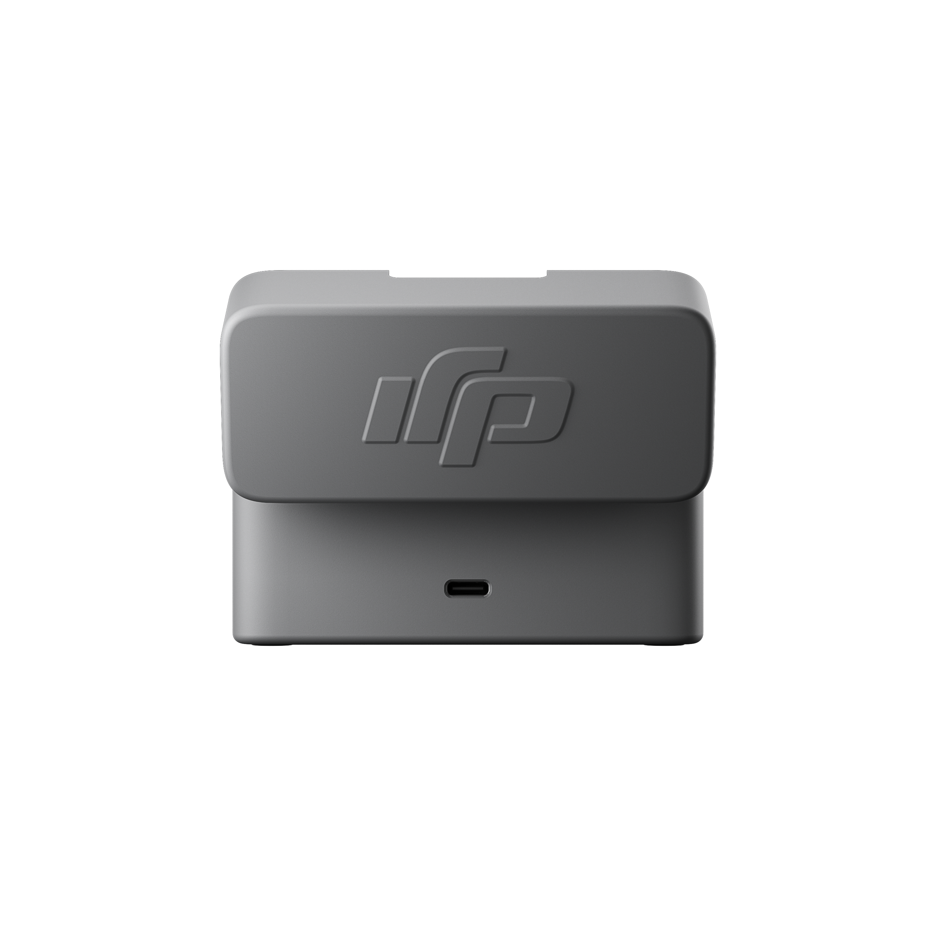 Eine graue Ladestation für ein Gerät. Es hat das DJI-Logo oben und einen USB-C-Anschluss.