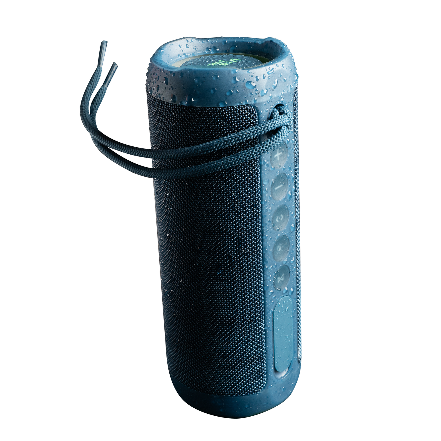 Altavoz azul con gotas de agua, forma cilíndrica, malla negra, botones de control.