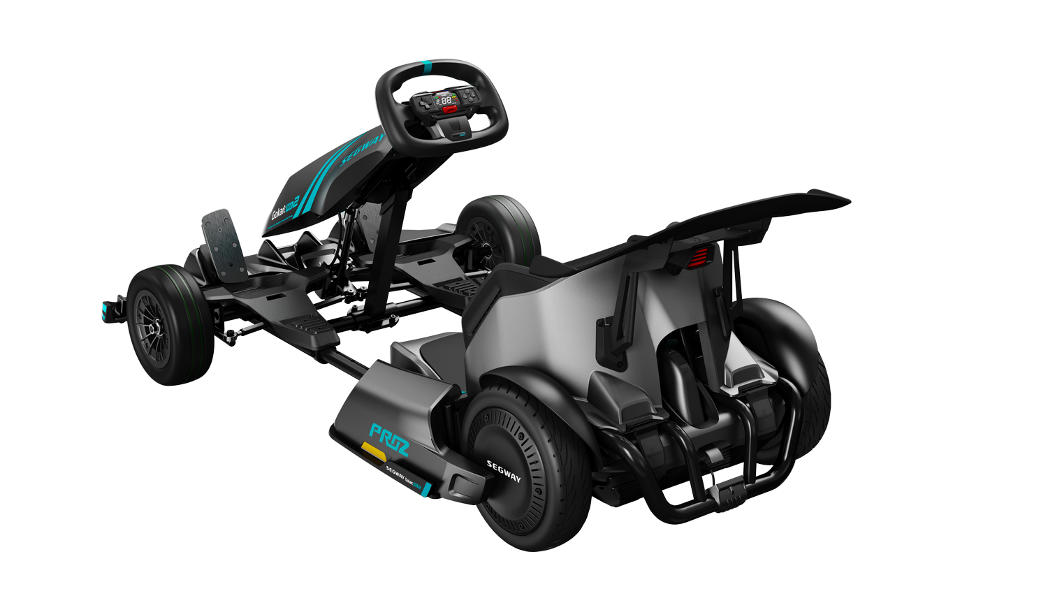 Go-kart Segway negro y gris con detalles azules. El go-kart está sobre un fondo oscuro.