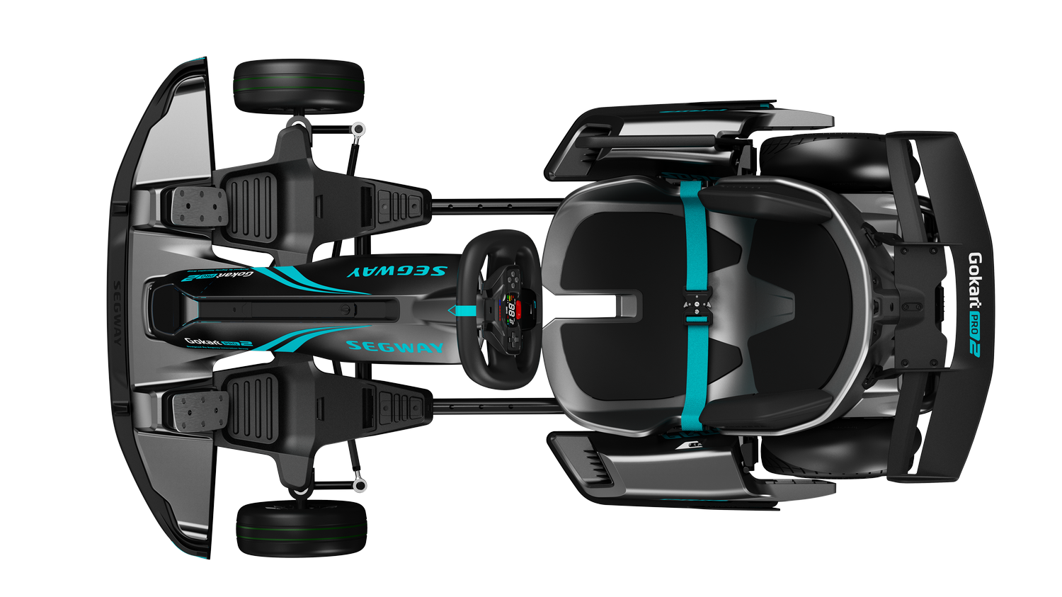 Vista desde arriba de un Segway Gokart Pro negro y turquesa, diseñado para carreras.