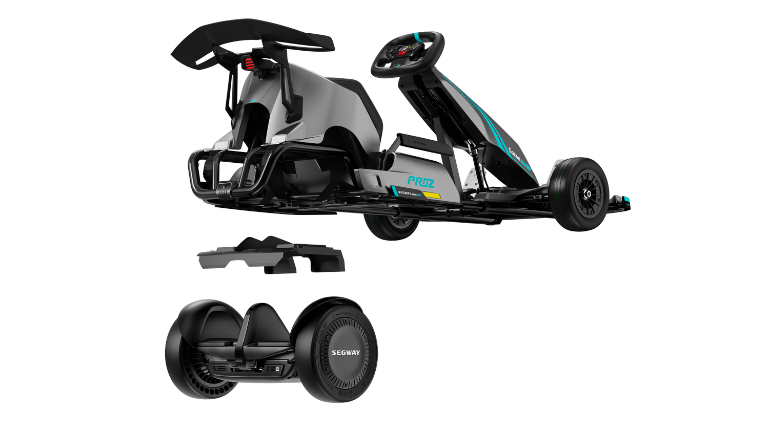 Un kart de carreras negro y gris con una rueda desmontable y una tabla flotante en la parte inferior.