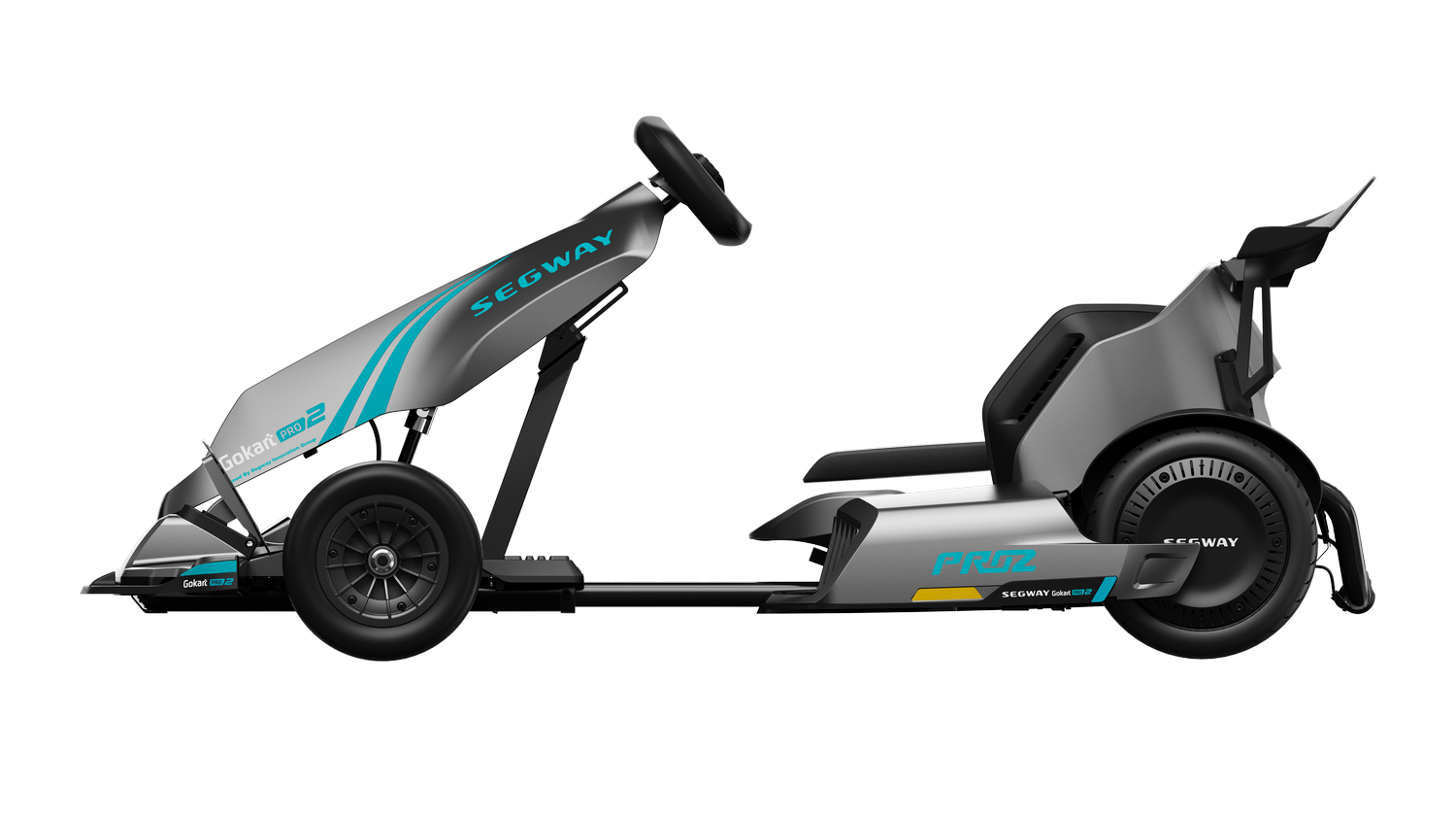 Un Segway GoKart Pro 2 gris sobre un fondo negro. Tiene detalles azules y un volante.