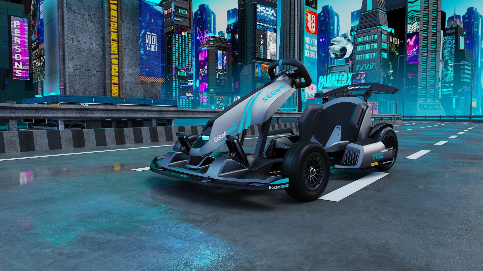 Un go-kart Segway futurista en una carretera de noche con luces de la ciudad.