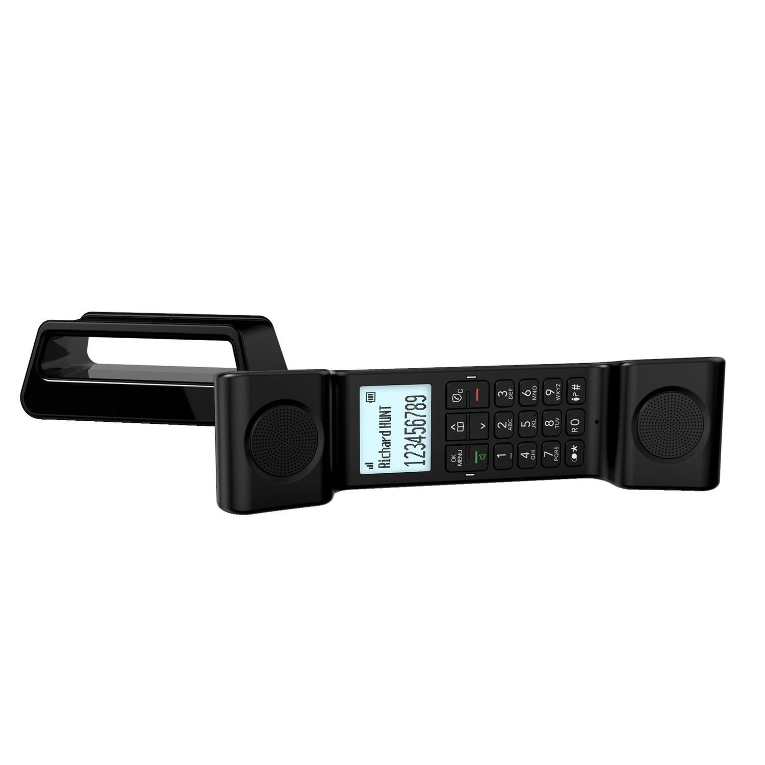 Teléfono negro con una pantalla que muestra un número y un nombre, y un soporte negro.