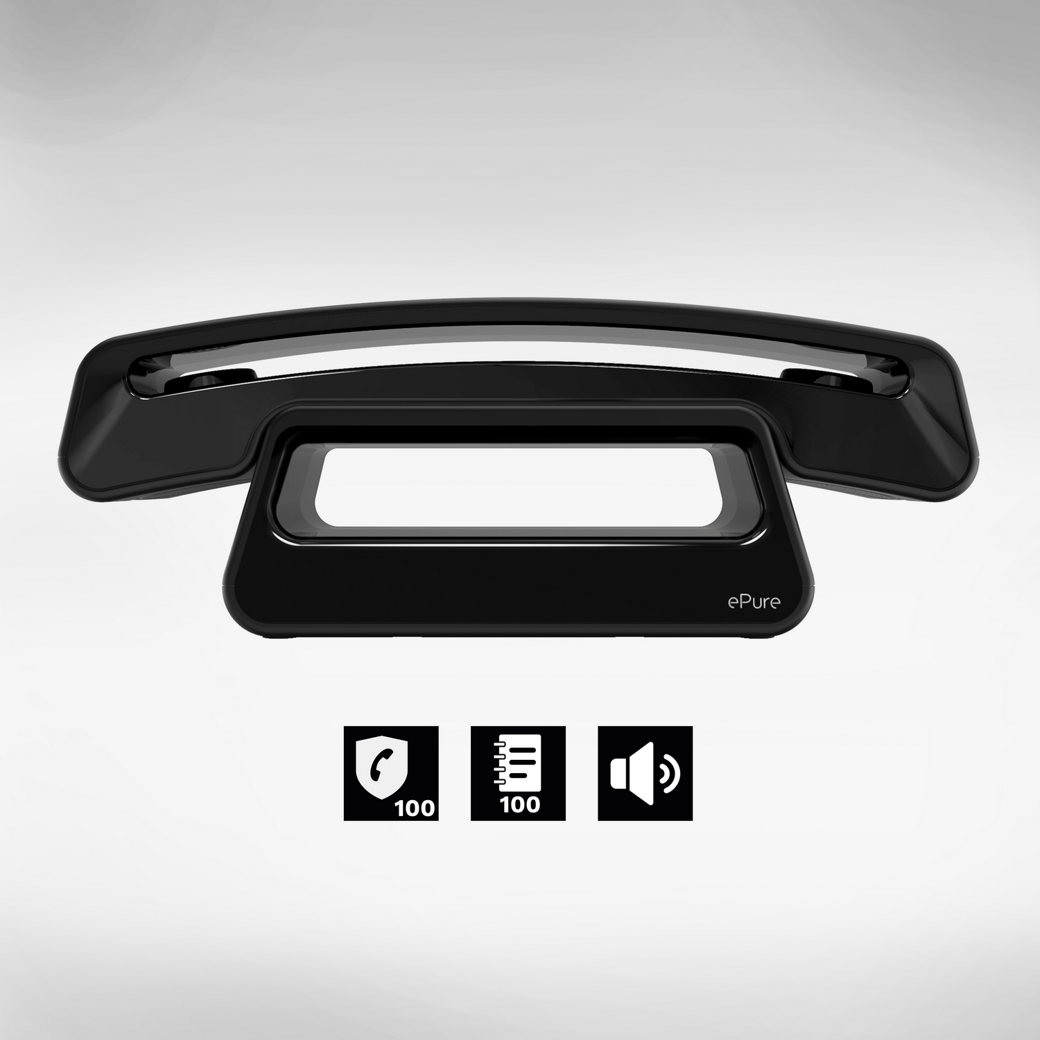 Teléfono ePure negro. Tres iconos abajo: teléfono, ondas de sonido y un icono de marcación.