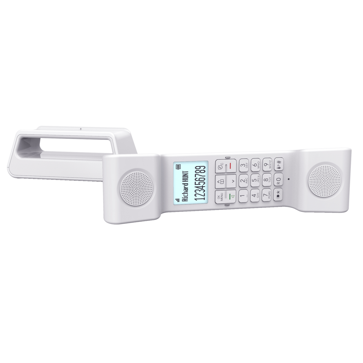 Teléfono inalámbrico blanco. Muestra un número de teléfono y un nombre. Una base de carga está a la izquierda.