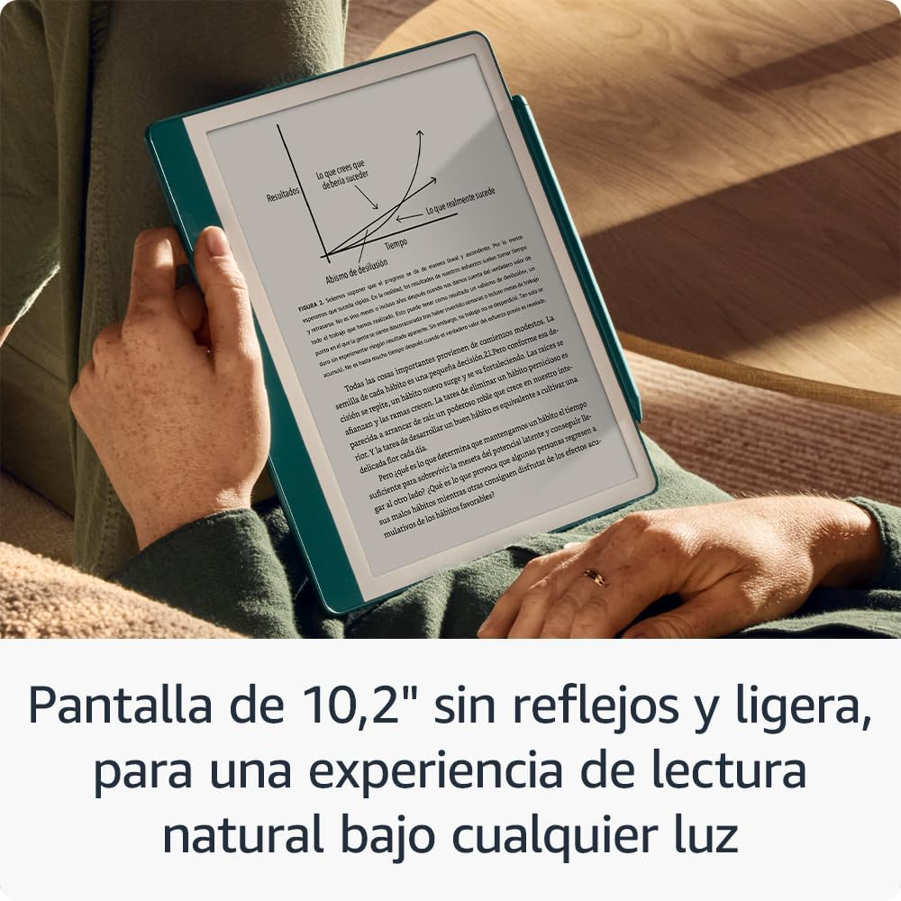 Lector electrónico con texto, sobre una mesa. El texto está en español. El dispositivo es verde y blanco.
