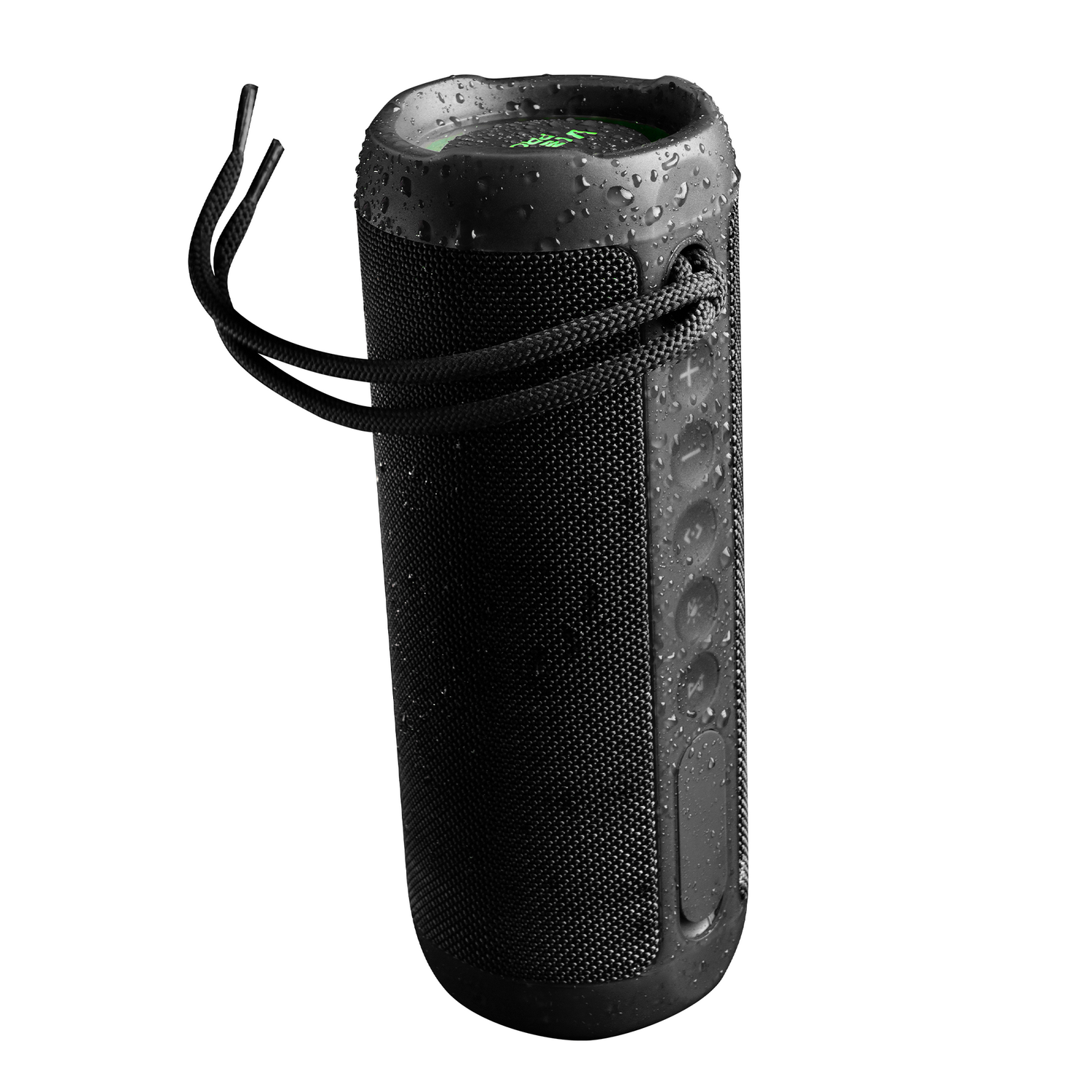 Un altavoz negro resistente al agua con detalles de cuerda negra, gotas de agua, aislado en blanco.