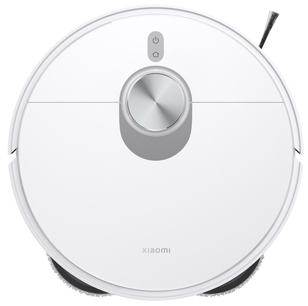 Biały, okrągły odkurzacz robot Xiaomi z centralnym przyciskiem i szczotką boczną.