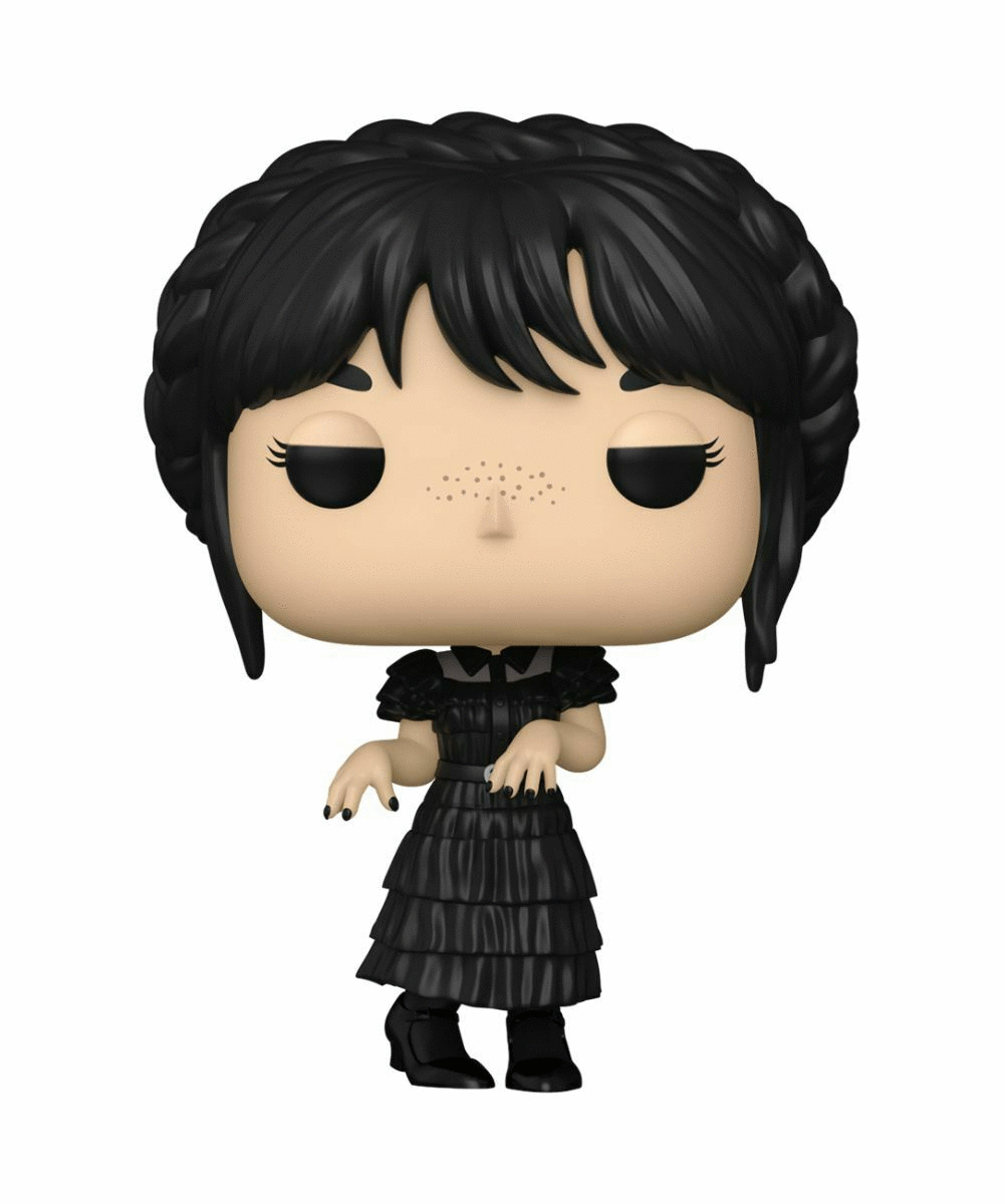 Figurka Funko Pop Wednesday Addams. Ma czarną sukienkę, włosy w warkoczach.