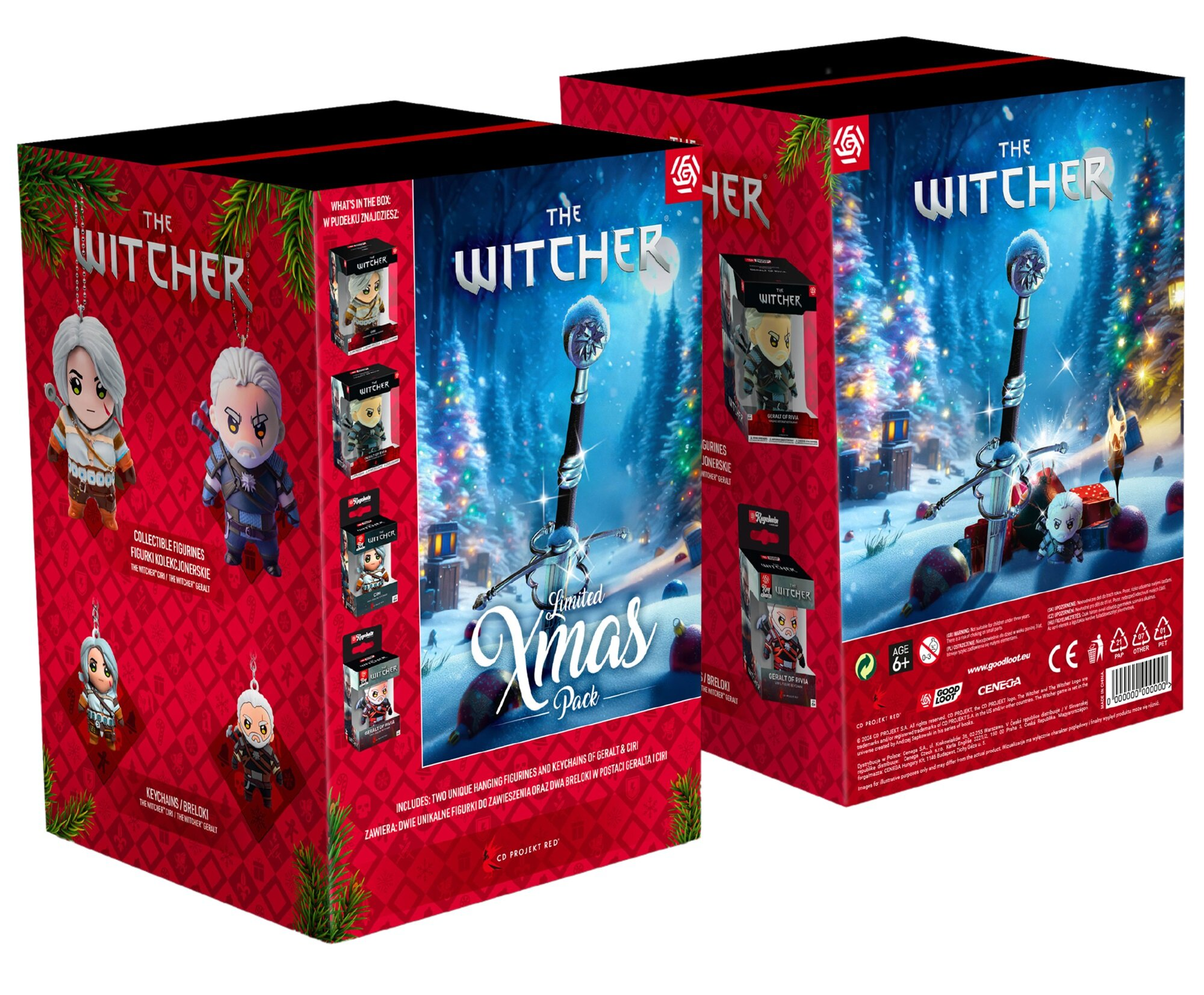 Dwa świąteczne pudełka prezentowe Wiedźmin z figurkami i mieczem.