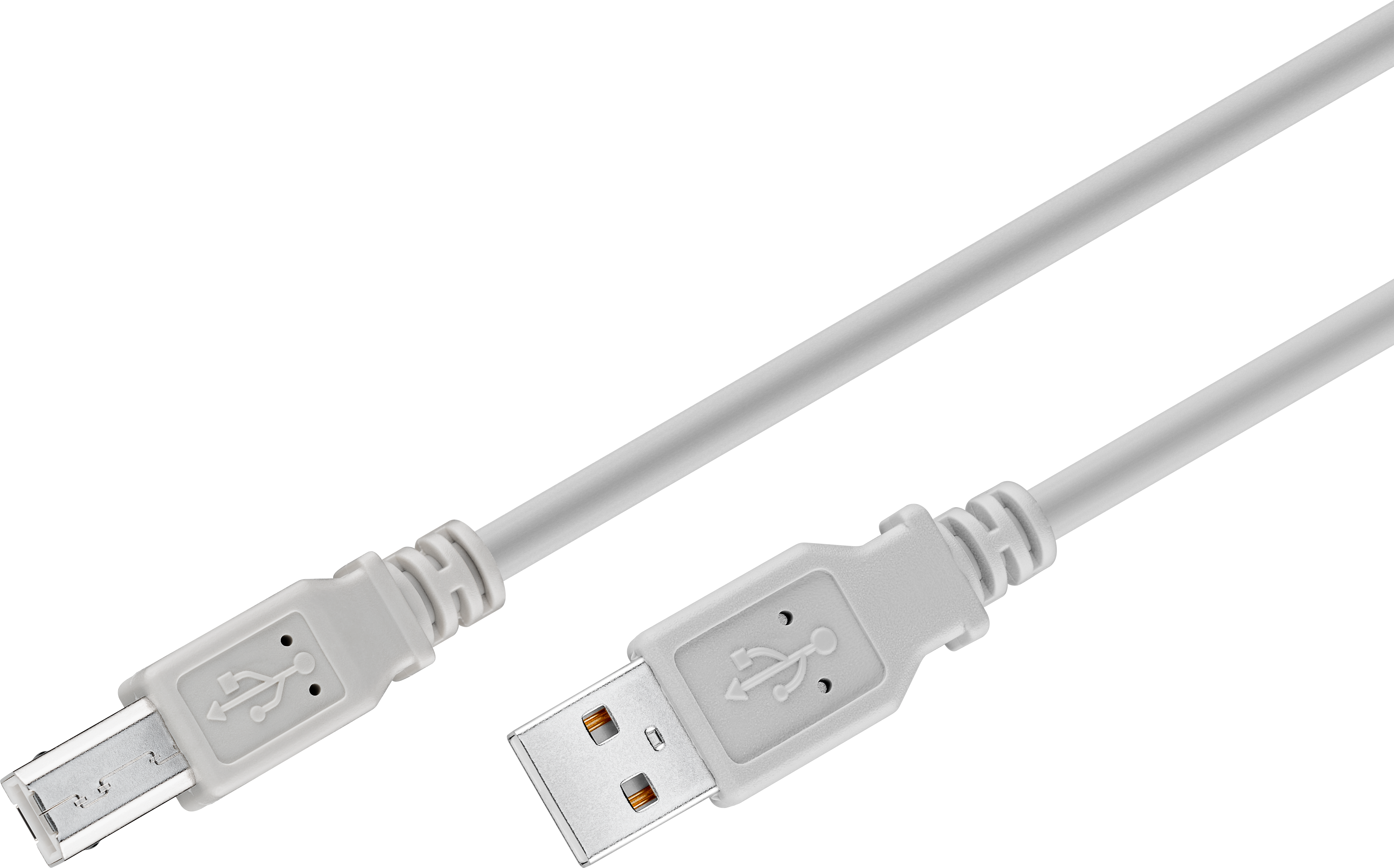 Un câble USB blanc avec des connecteurs USB-A et USB-B sur un fond noir.