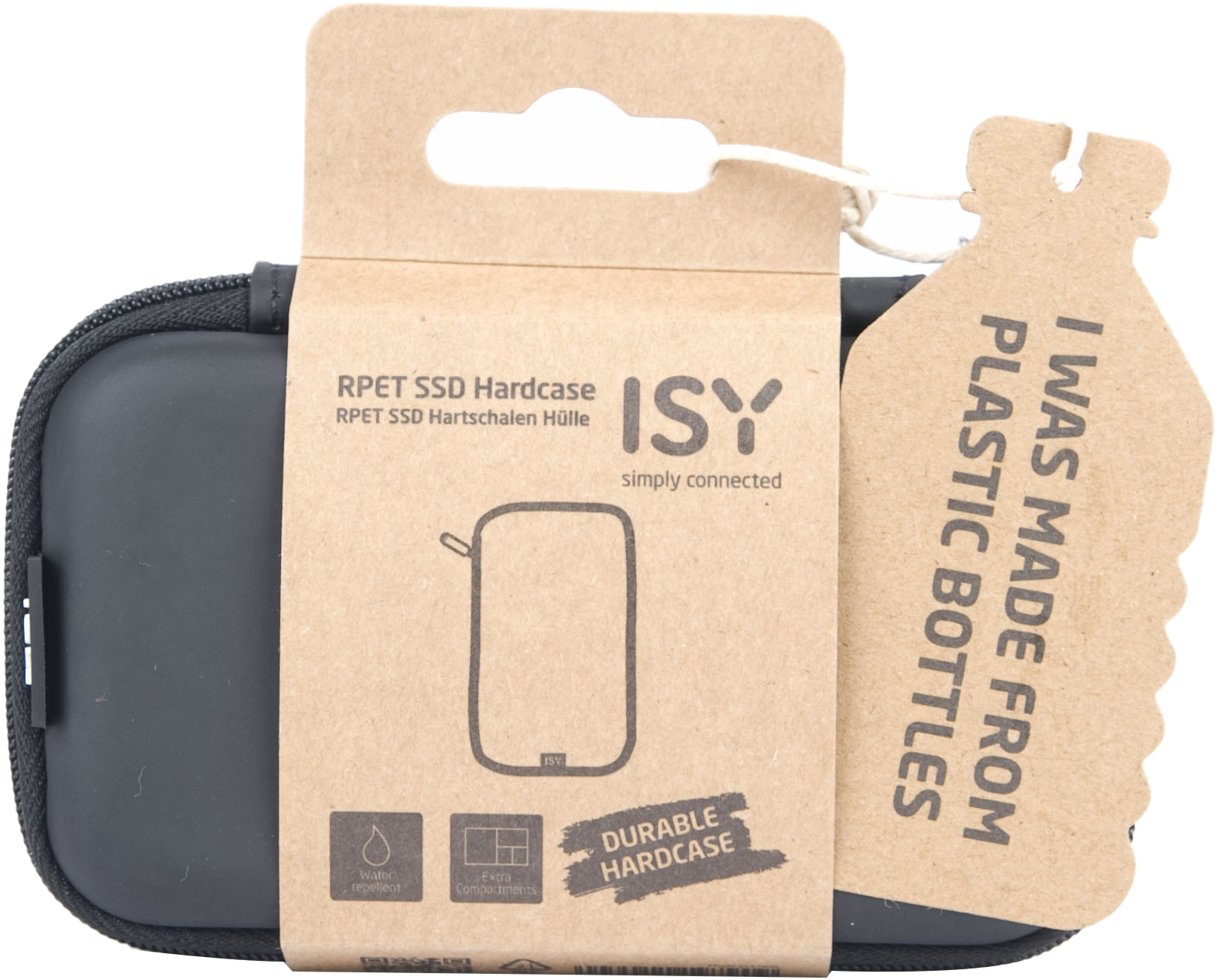 Un astuccio rigido grigio con un'etichetta che dice 'Sono fatto con bottiglie di plastica'.