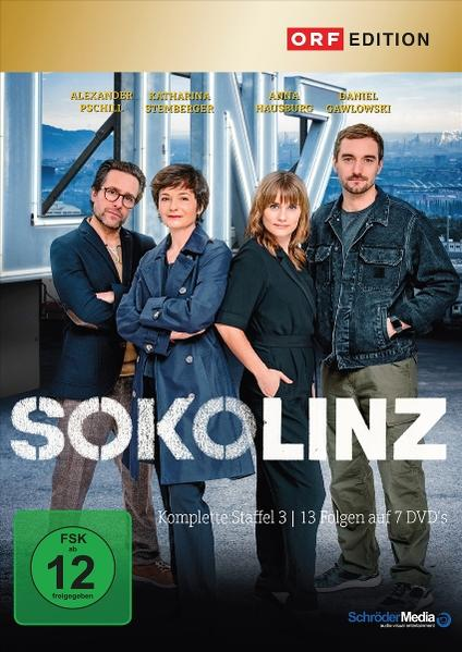DVD-Cover mit vier Personen. Text: SOKO LINZ, Komplette Staffel 3, mit Stadt im Hintergrund.