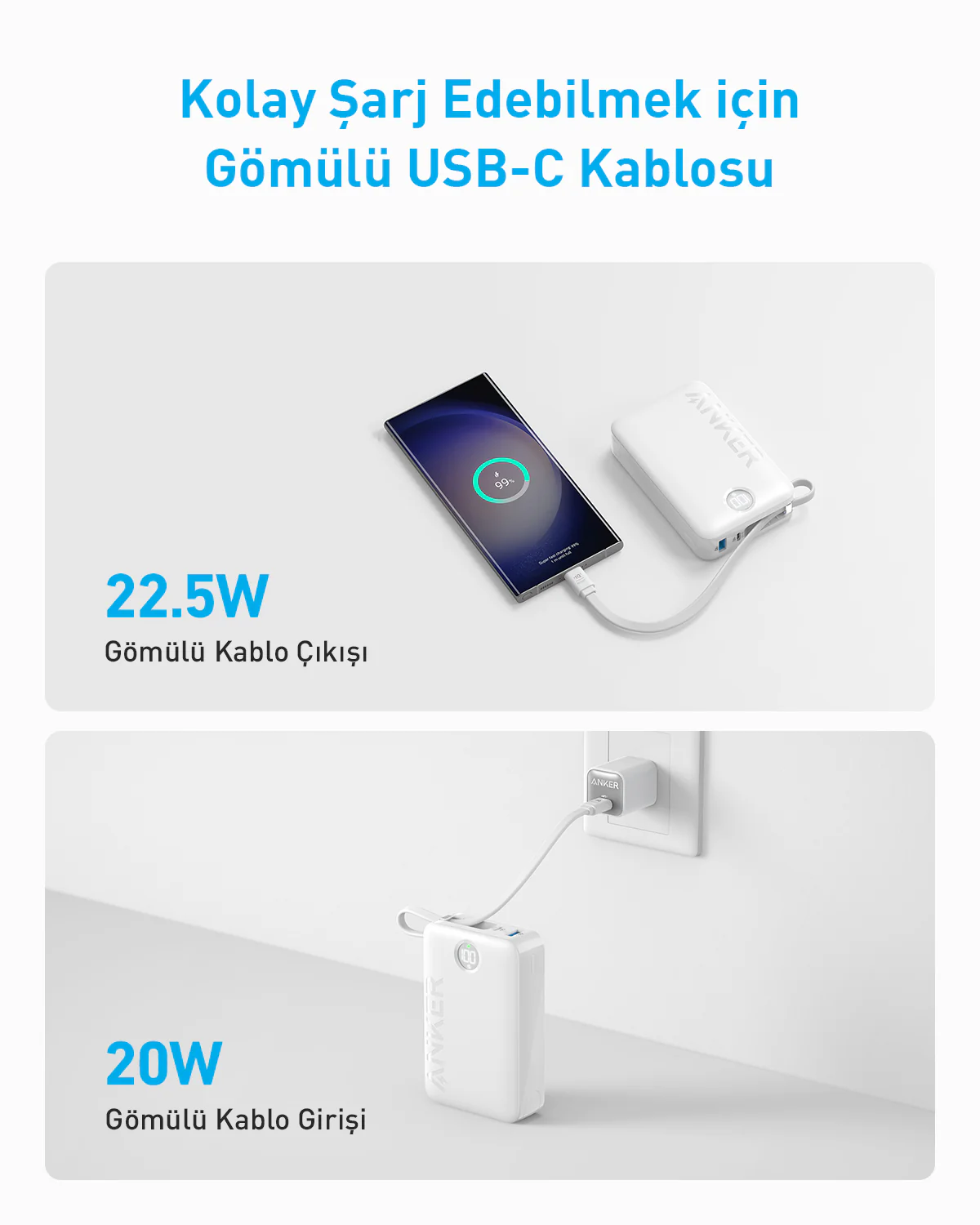 Beyaz bir güç bankası, şarj olan bir telefon ve kolay şarj için bir duvar adaptörünü gösteren iki resim.
