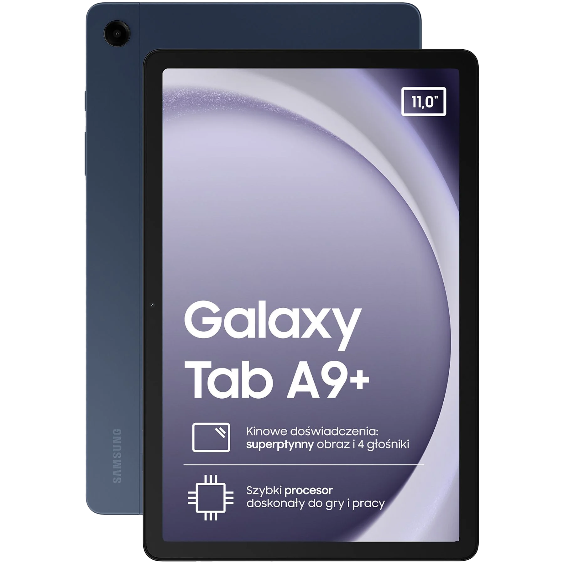Niebieski tablet z czarnym ekranem, pokazujący Galaxy Tab A9+ i tekst promocyjny. Białe tło.