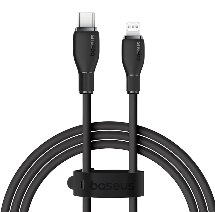 Siyah USB-C ve Lightning kablosu. Baseus logosu kabloda.