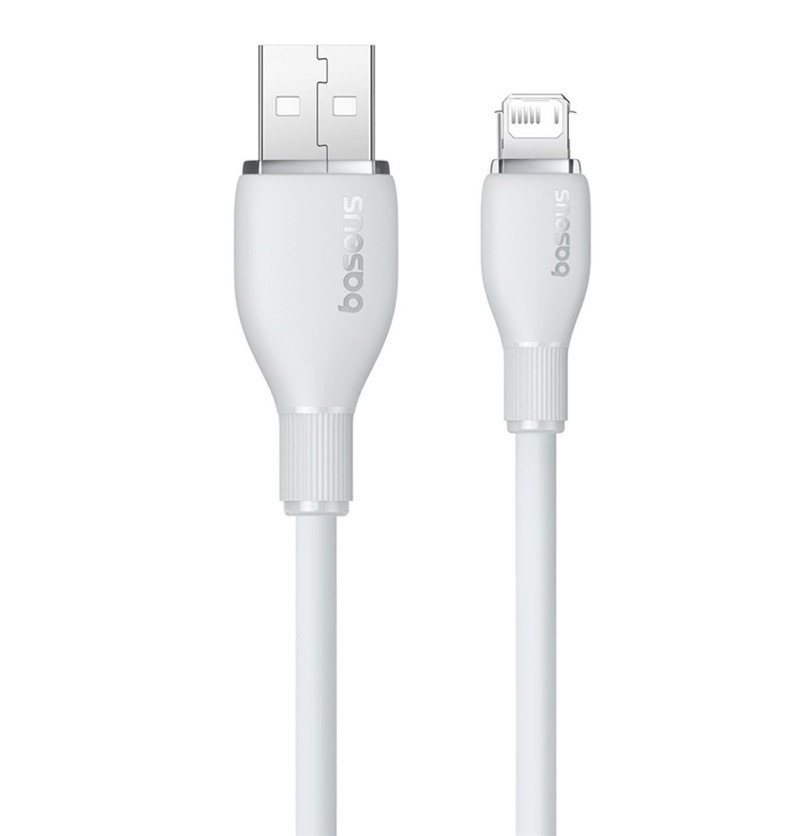 Konektörlerde marka adı bulunan beyaz USB-C - USB kablosu.