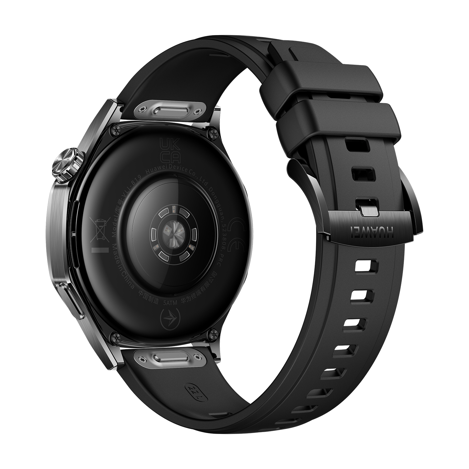 Retro dell'orologio intelligente nero, che mostra sensori e dettagli del cinturino.