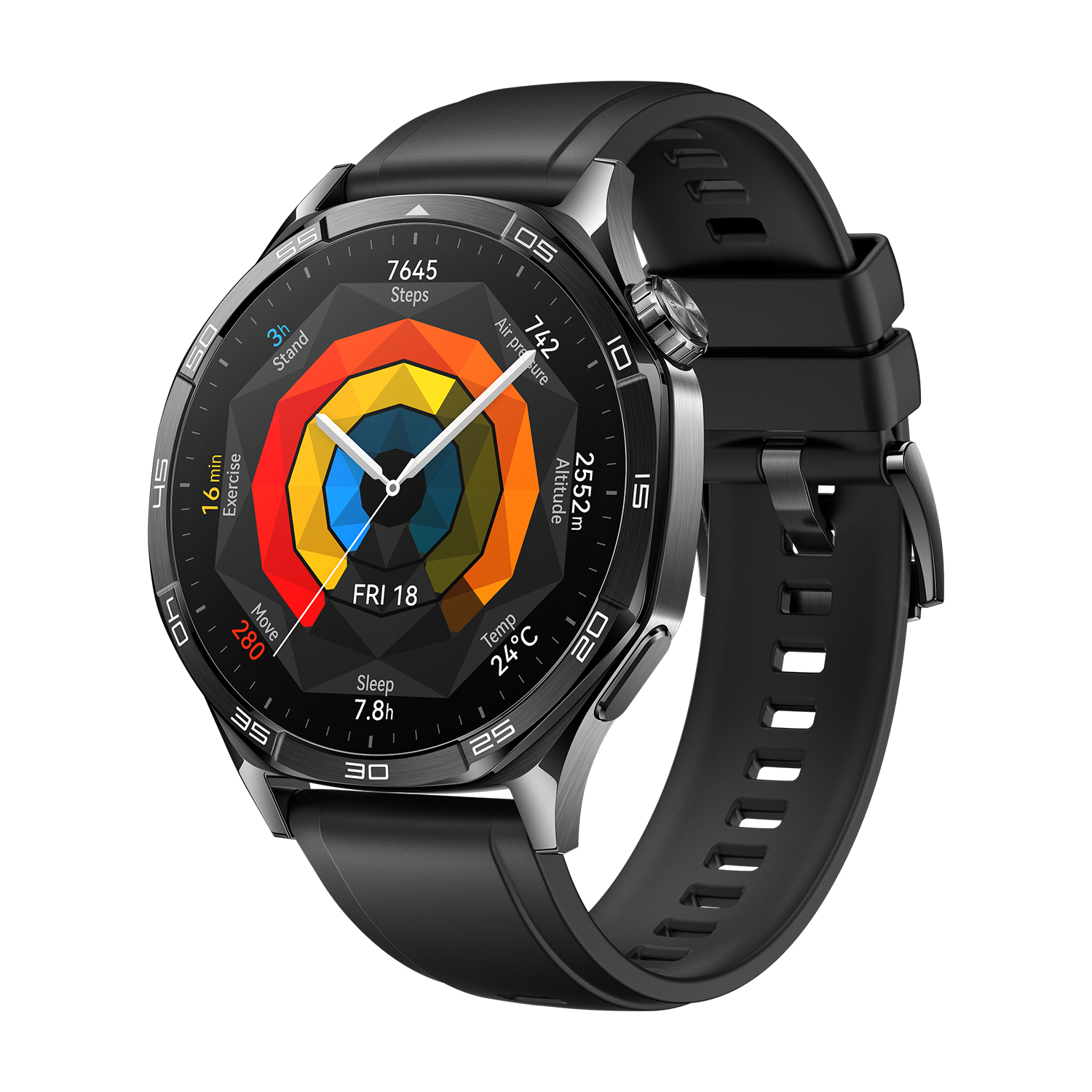 Smartwatch nero con display rotondo. Mostra info: ora, passi, altitudine, pressione atmosferica, temperatura e data.