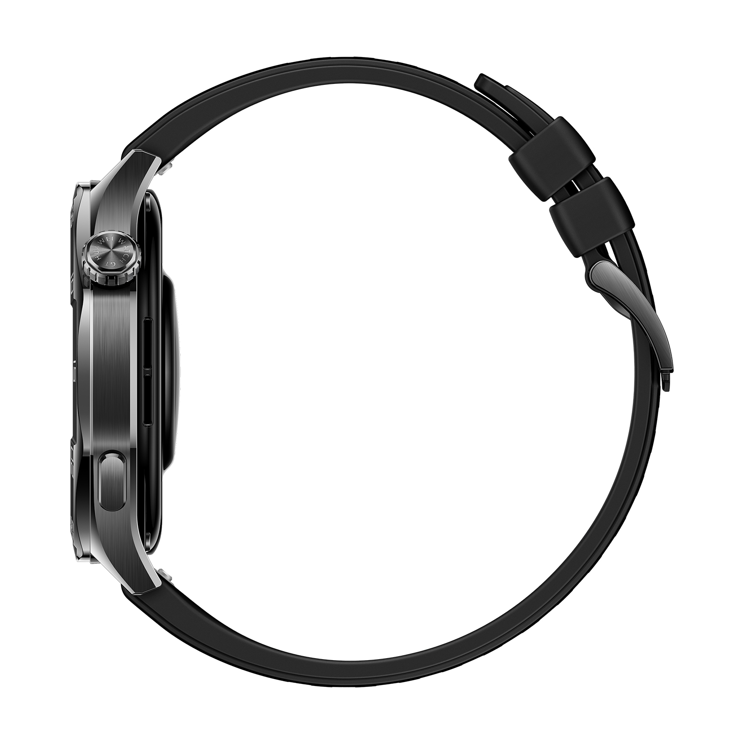 Vista laterale di uno smartwatch nero con cinturino nero. L'orologio ha un quadrante scuro e pulsanti.