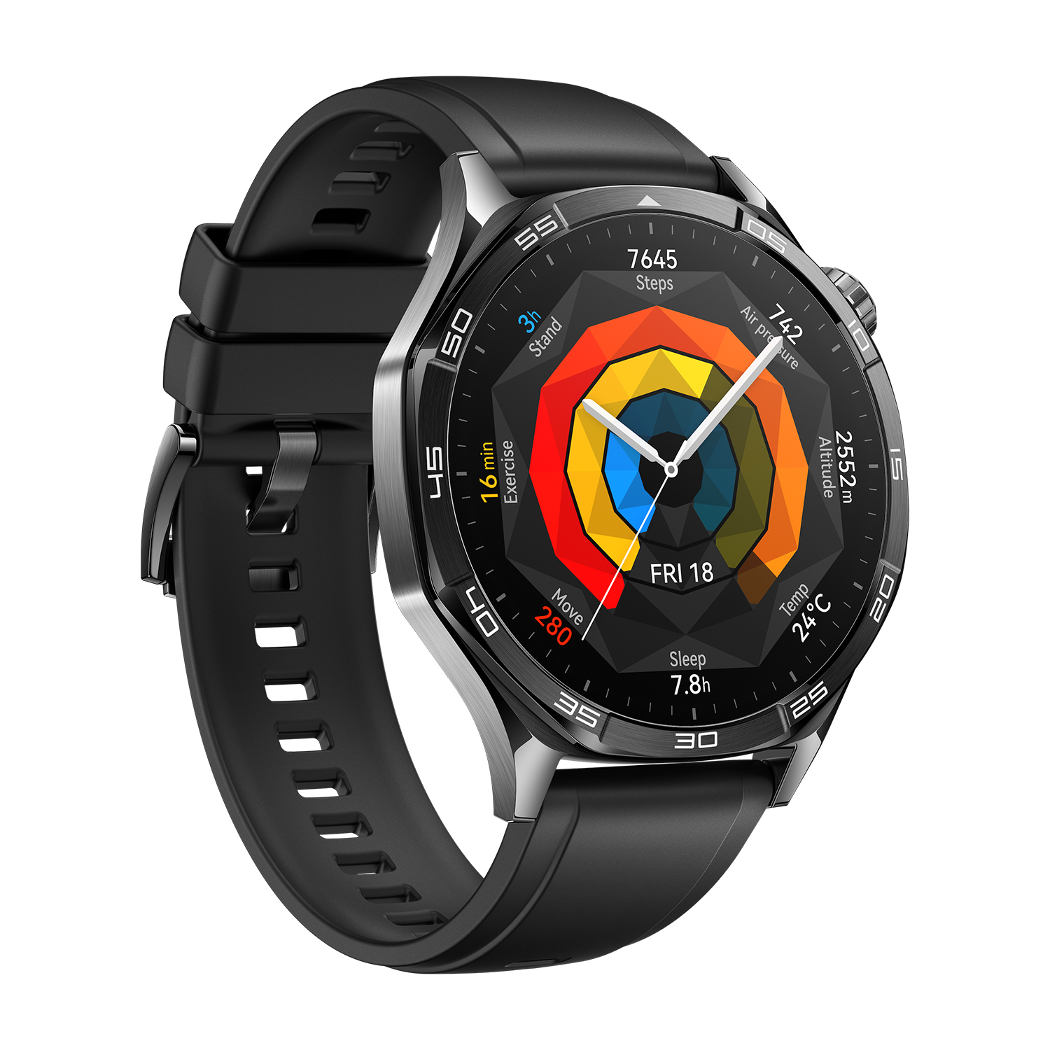 Uno smartwatch con cinturino nero e lunetta argentata, che mostra i dati sul suo schermo circolare.