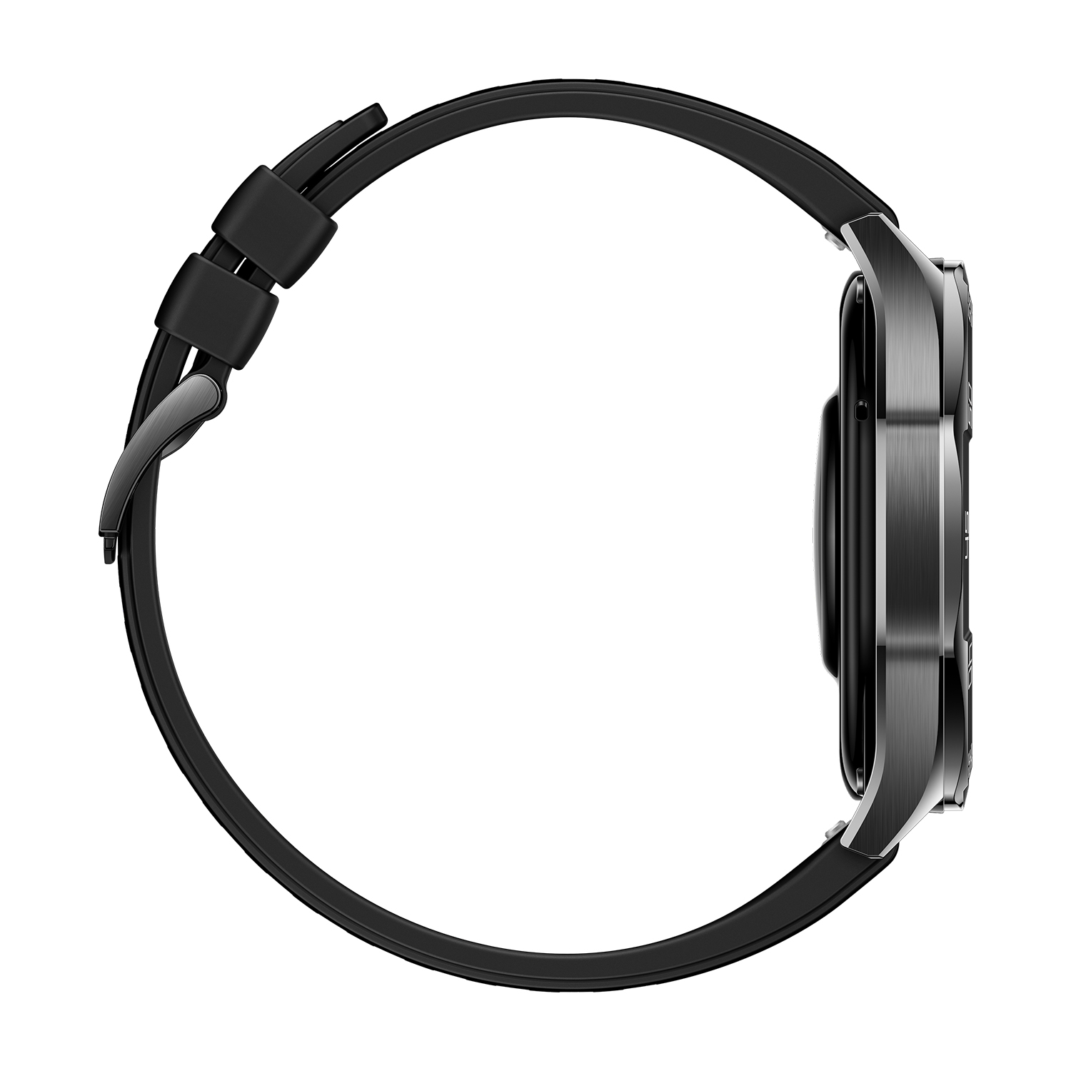 Vista laterale di uno smartwatch nero con cinturino nero. L'orologio ha un quadrante rotondo.
