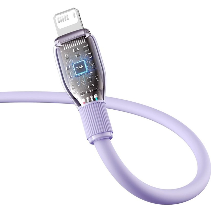 Şeffaf bir USB-C konektörlü mor şarj kablosu. İç devreyi ve 2.4A metnini gösterir.